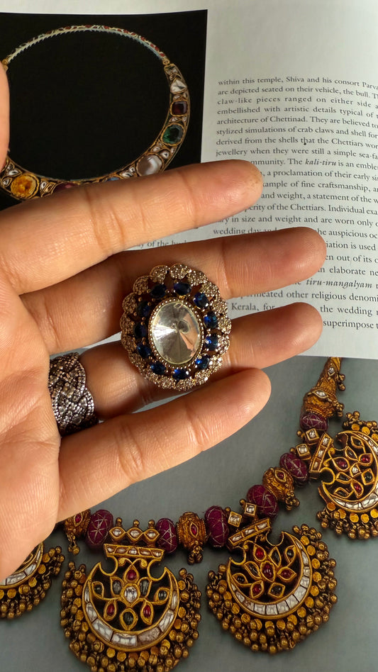 Sapphire moissanite Polki adjustable ring