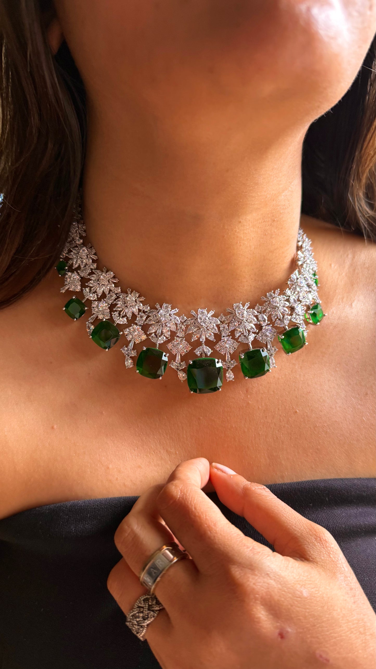 Emerald doublets cz diamond necklace