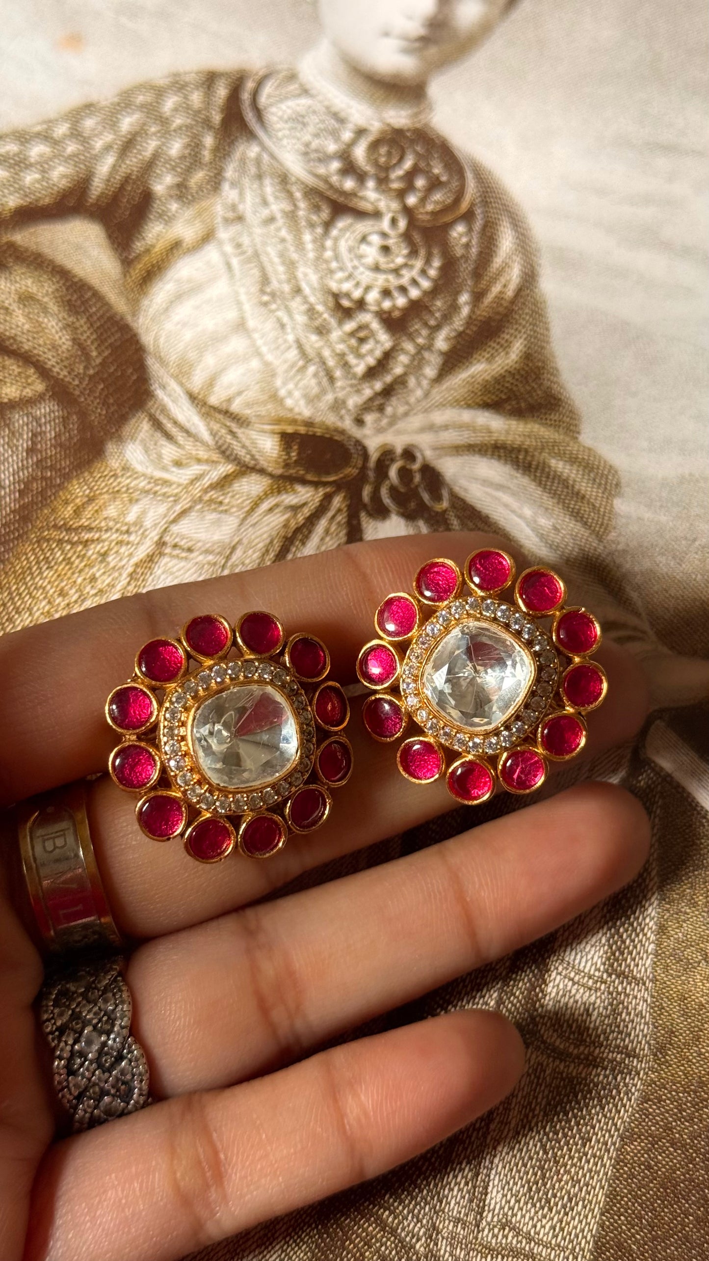 Ruby  square shaped polki studs