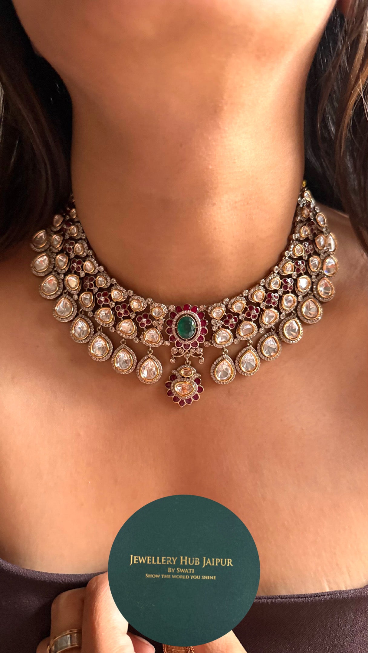 Emerald & ruby vintage moissanite polki necklace