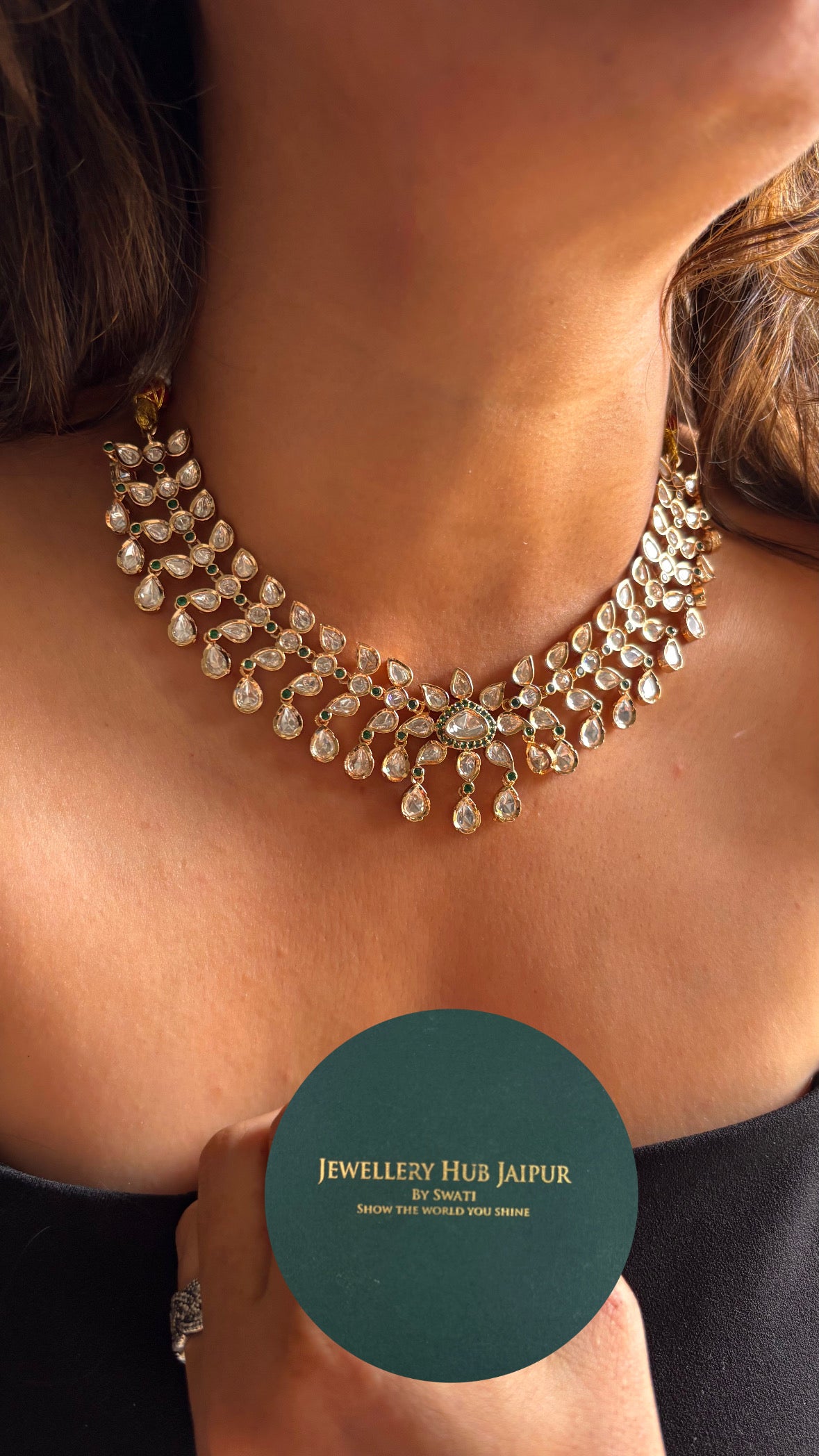 Moissanite Polki emerald collar necklace with earrings