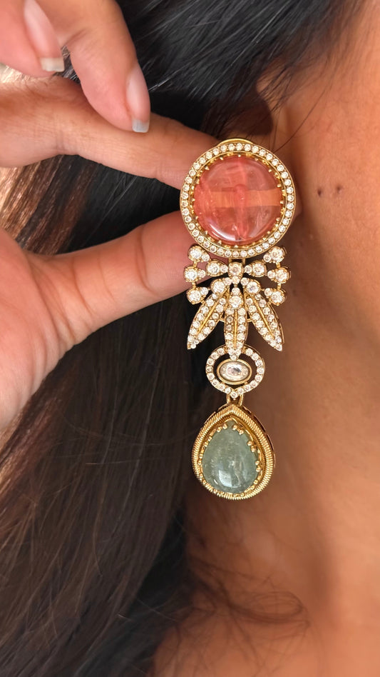 Mint & peach stone navratna earrings