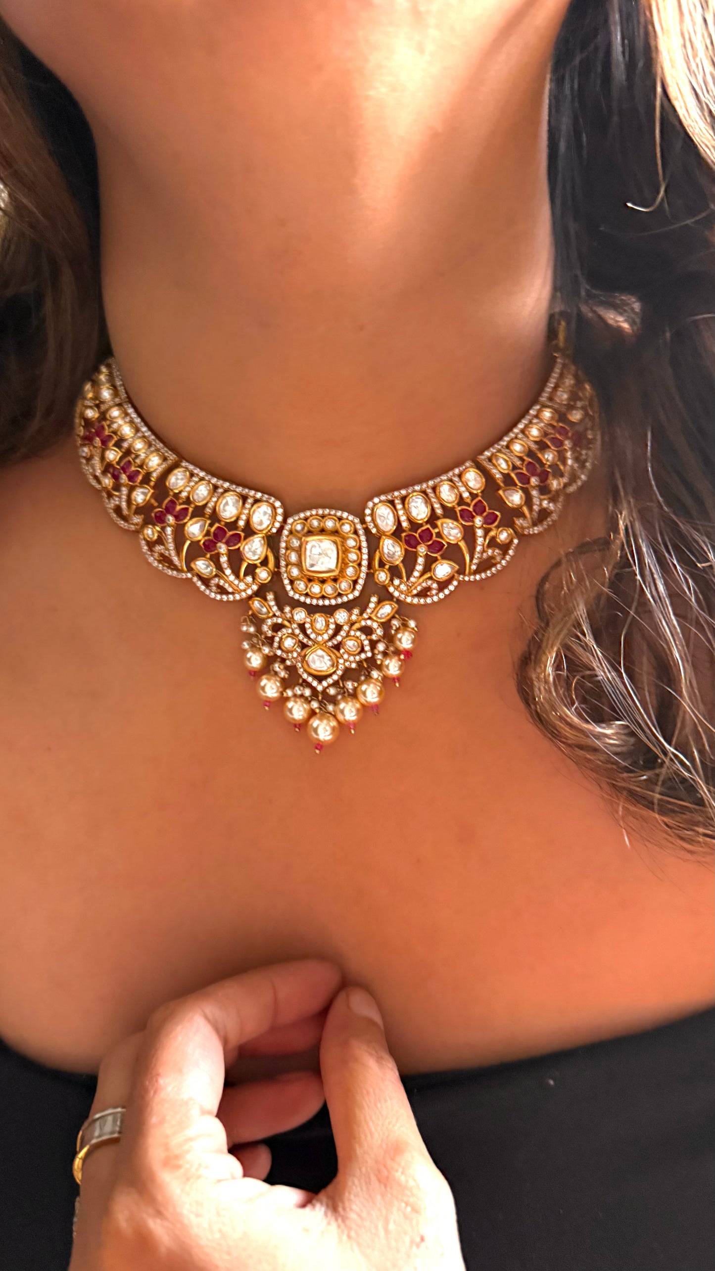 Ruby Moissanite Polki Necklace ( dual Polish)