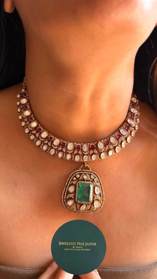 Emerald with Rani pink ruby Collar Necklace