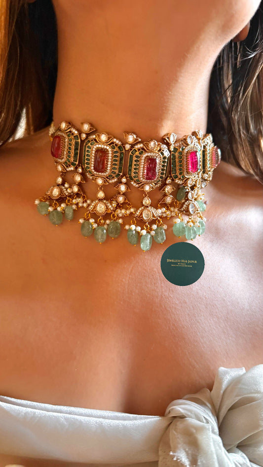 Ruby doublet & emerald polki with mint drops choker set