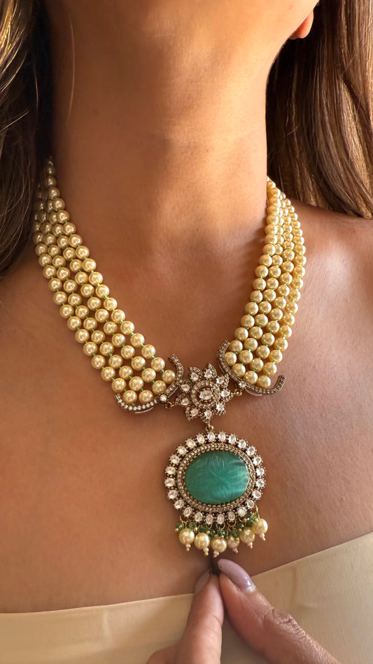 Firoza doublet pearl moissanite mid length necklace
