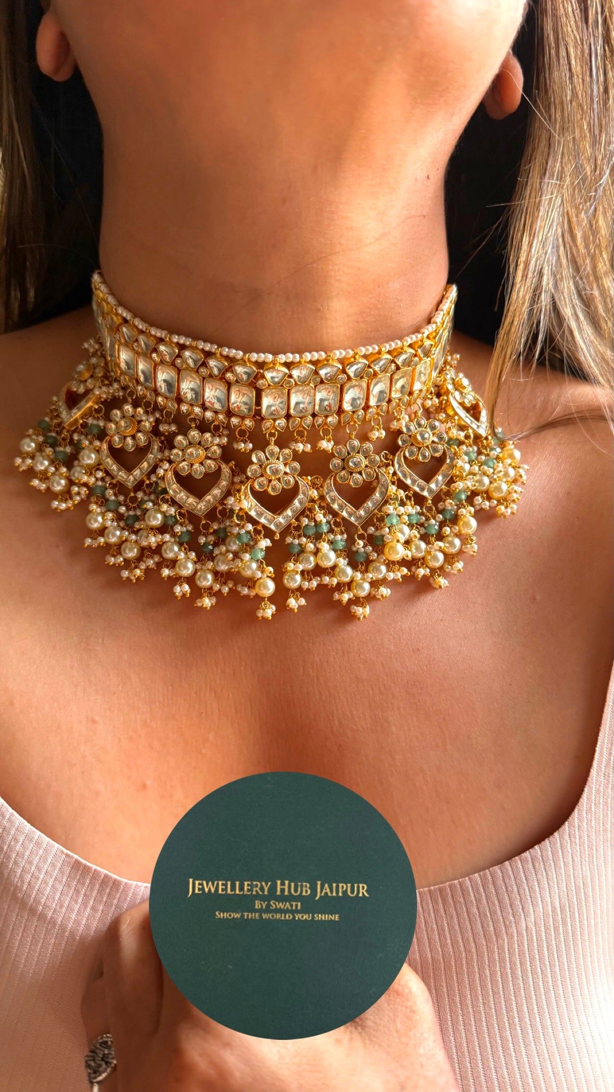 Handmade Paachi Kundan jadau with pearl detailing choker necklace