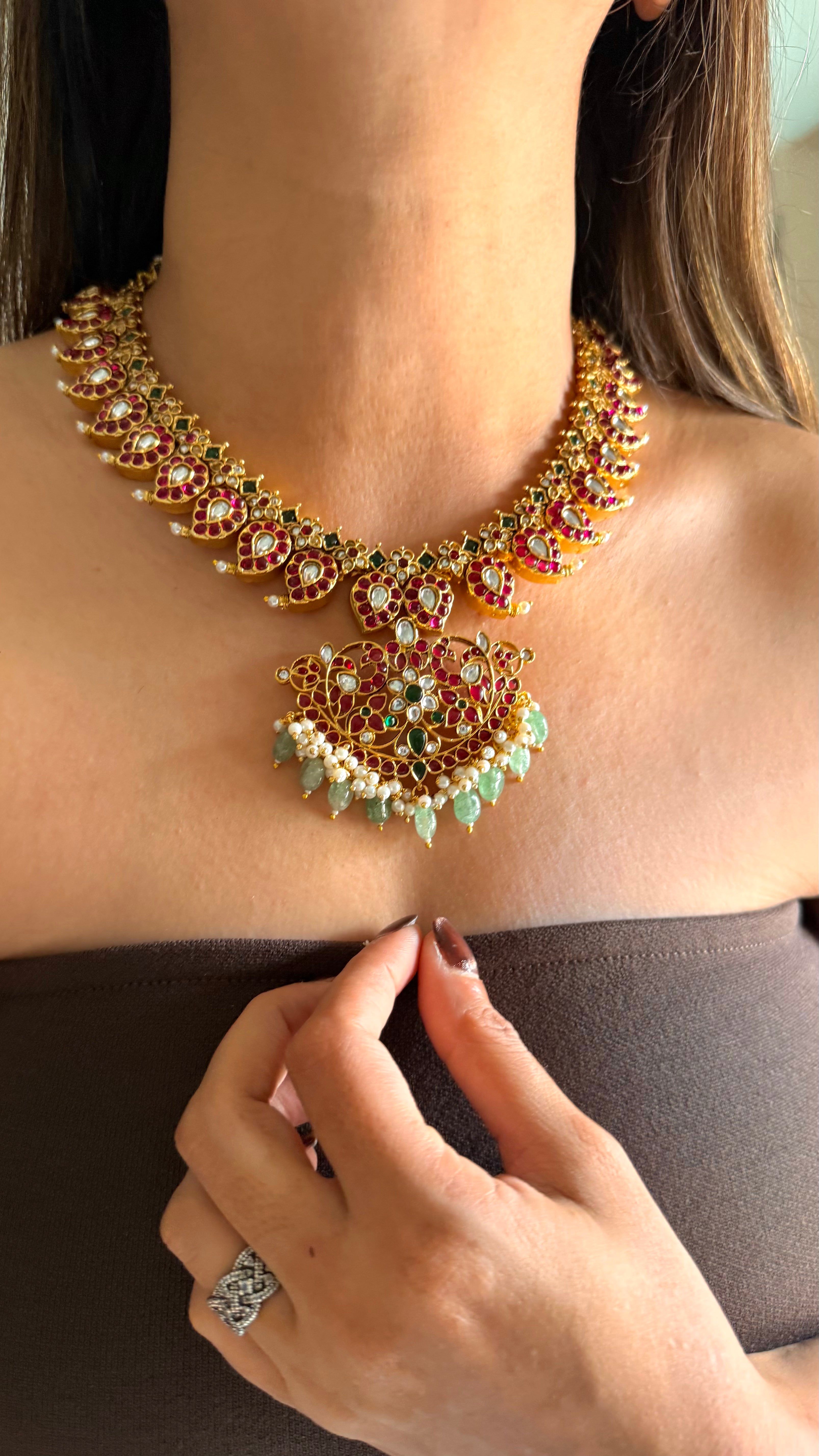 Rani pink & mint keri design temple jewellery set