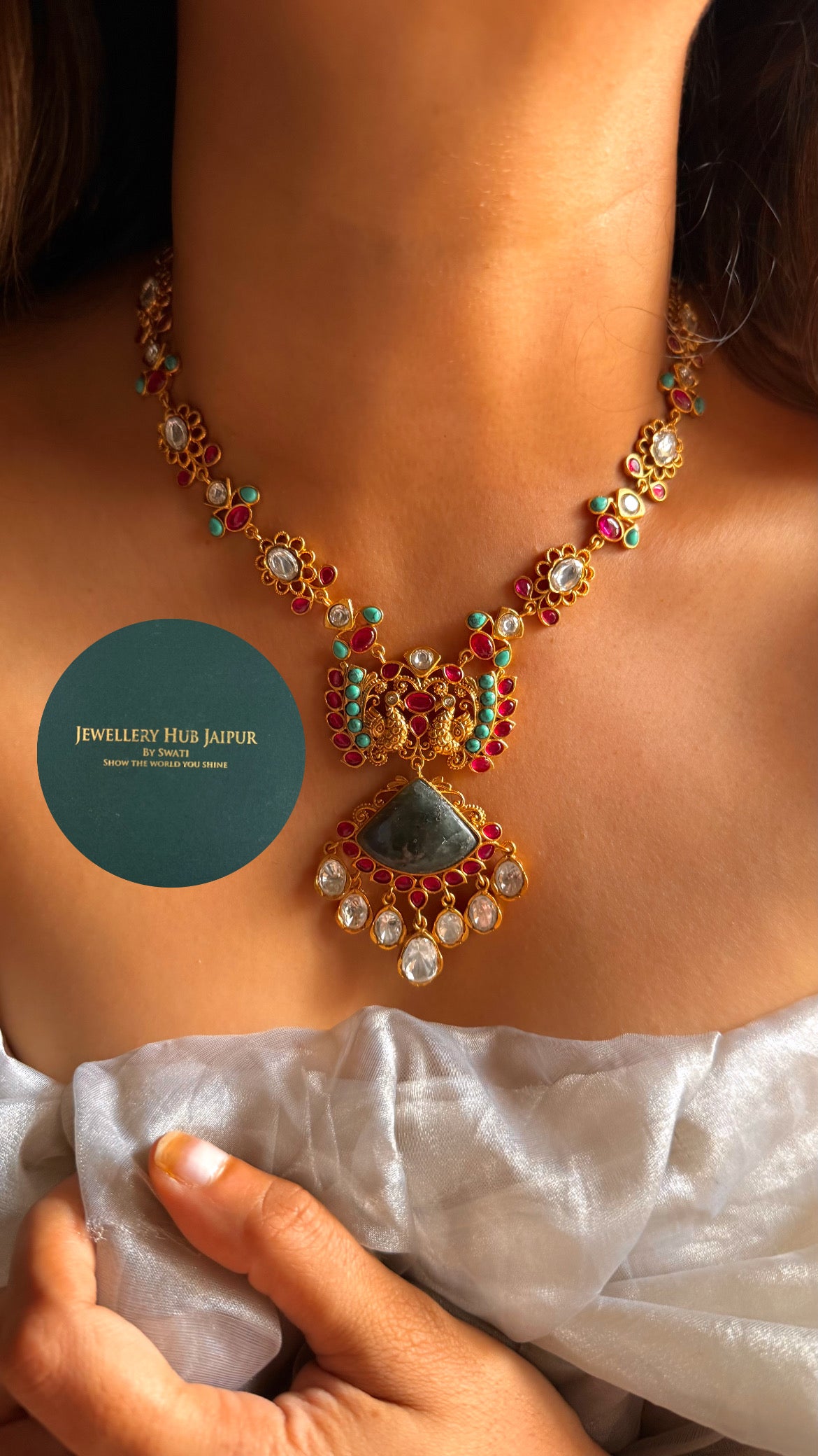 Amrapali inspired Natural stone Firoza & rani pink with real stone set