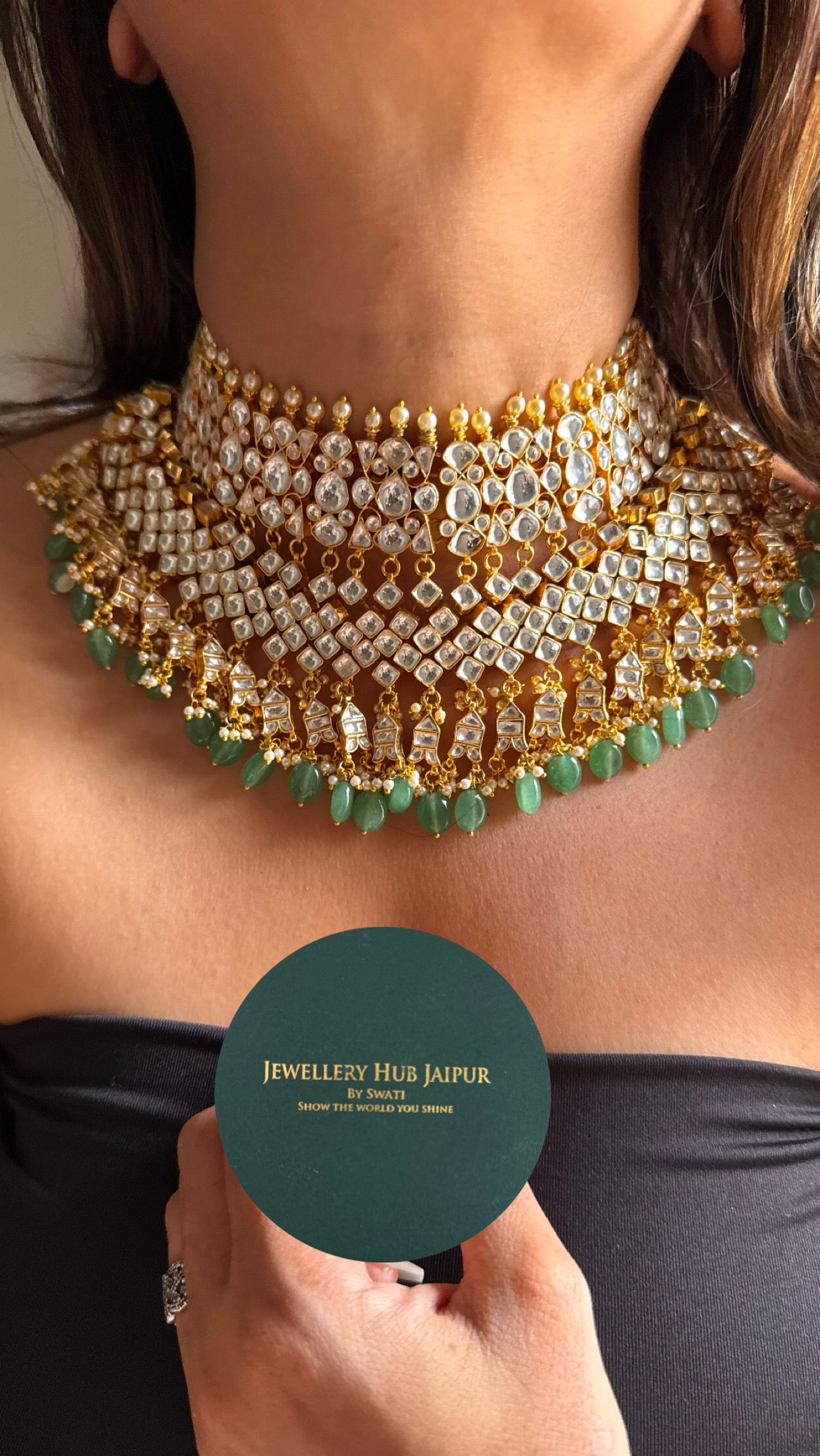 Handmade Paachi Kundan jadau bridal mint drops necklace