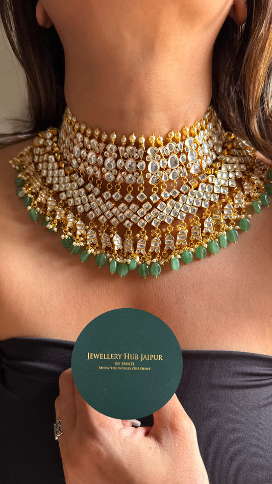 Handmade Paachi Kundan jadau bridal mint drops necklace