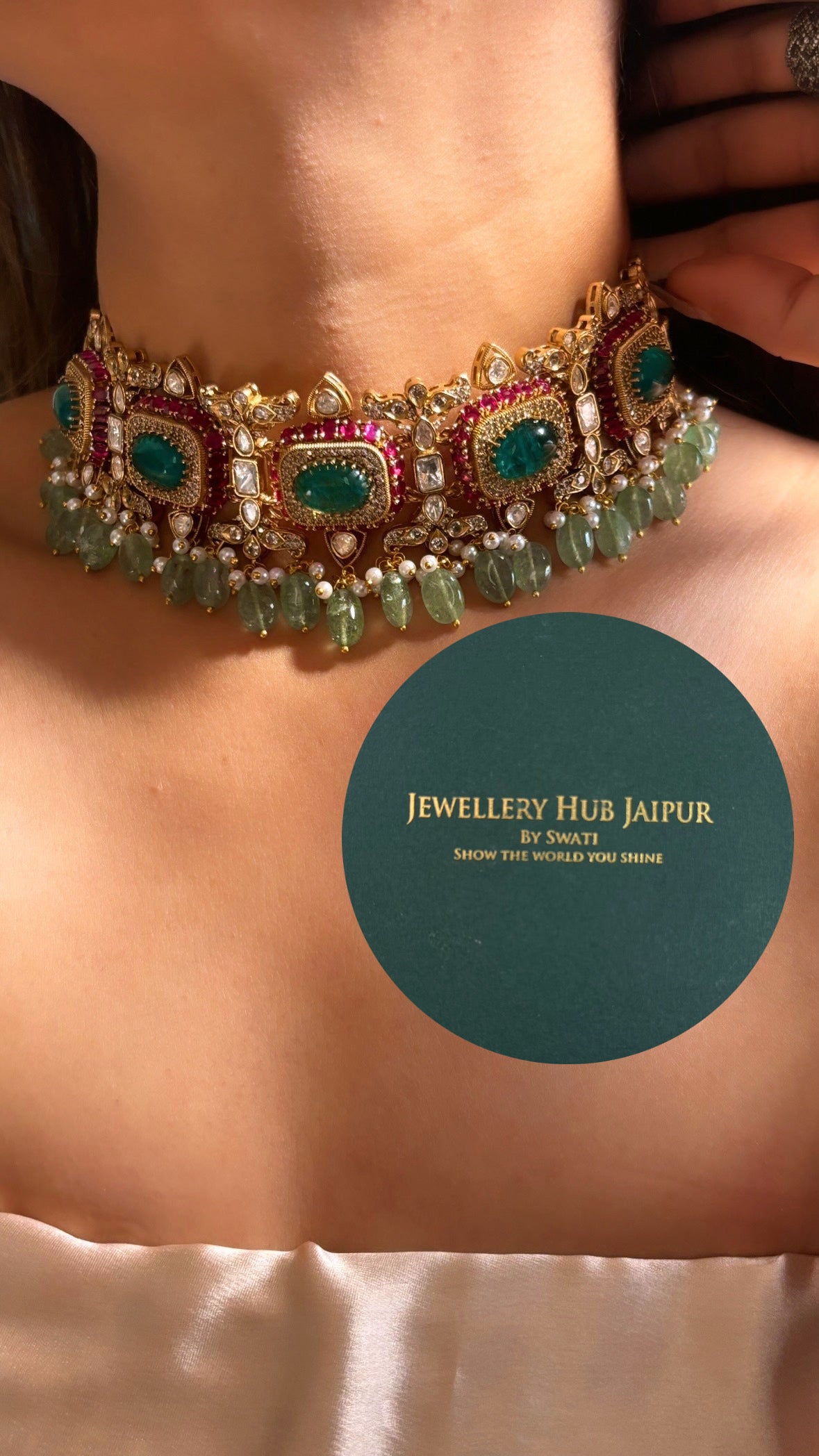 Bridal Asia Ruby mint and panna choker necklace set