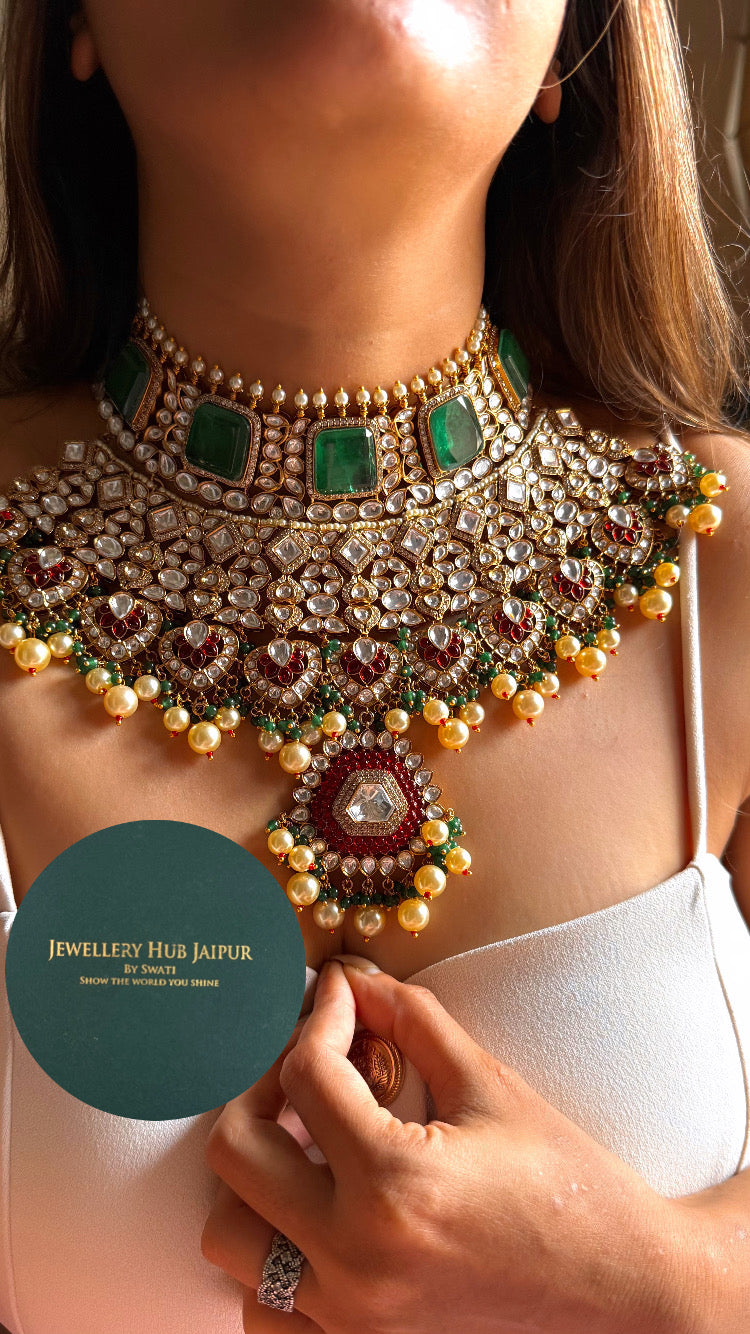 Emerald doublet & ruby moissanite bridal set