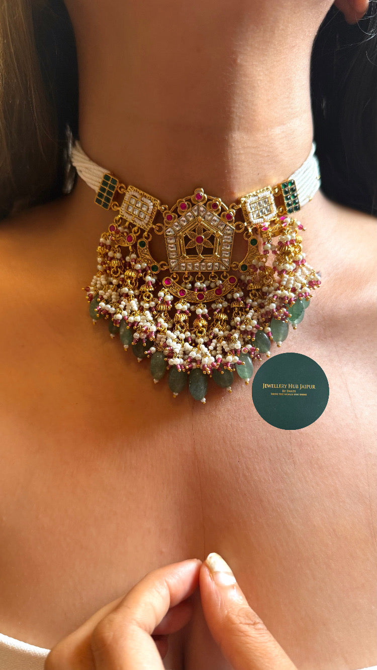 Paachi Royal Rani pink floral & emerald rajwada choker set