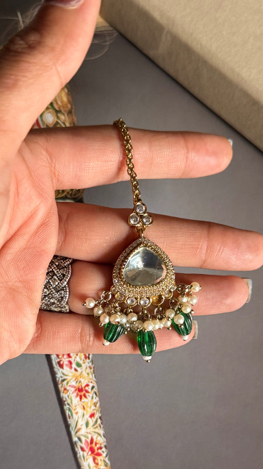 Moissanite polki emerald maangtika