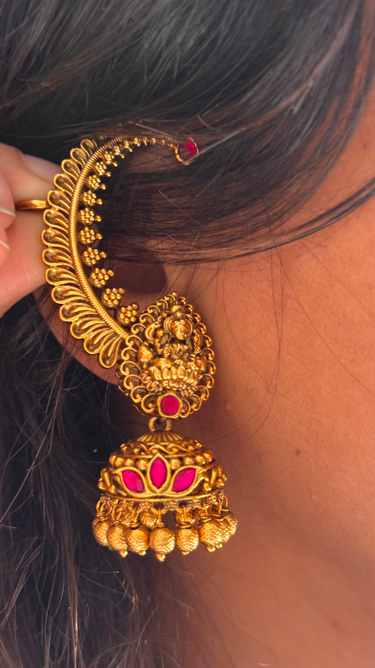 Goddess Laxmi Rani pink ear cuff temple Jhumka with golden drops