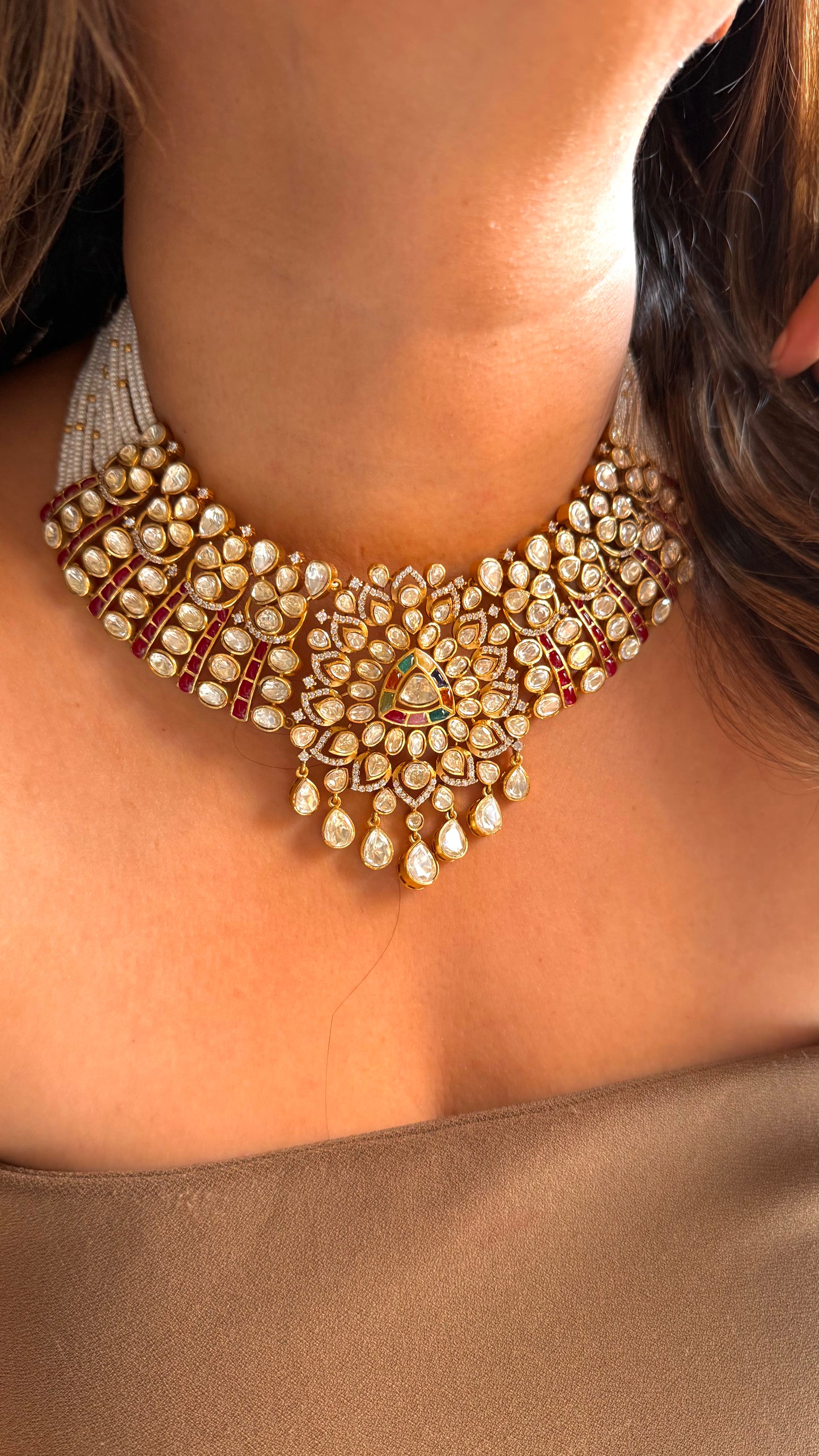 LV shade Polki Navratna Moissanite Necklace