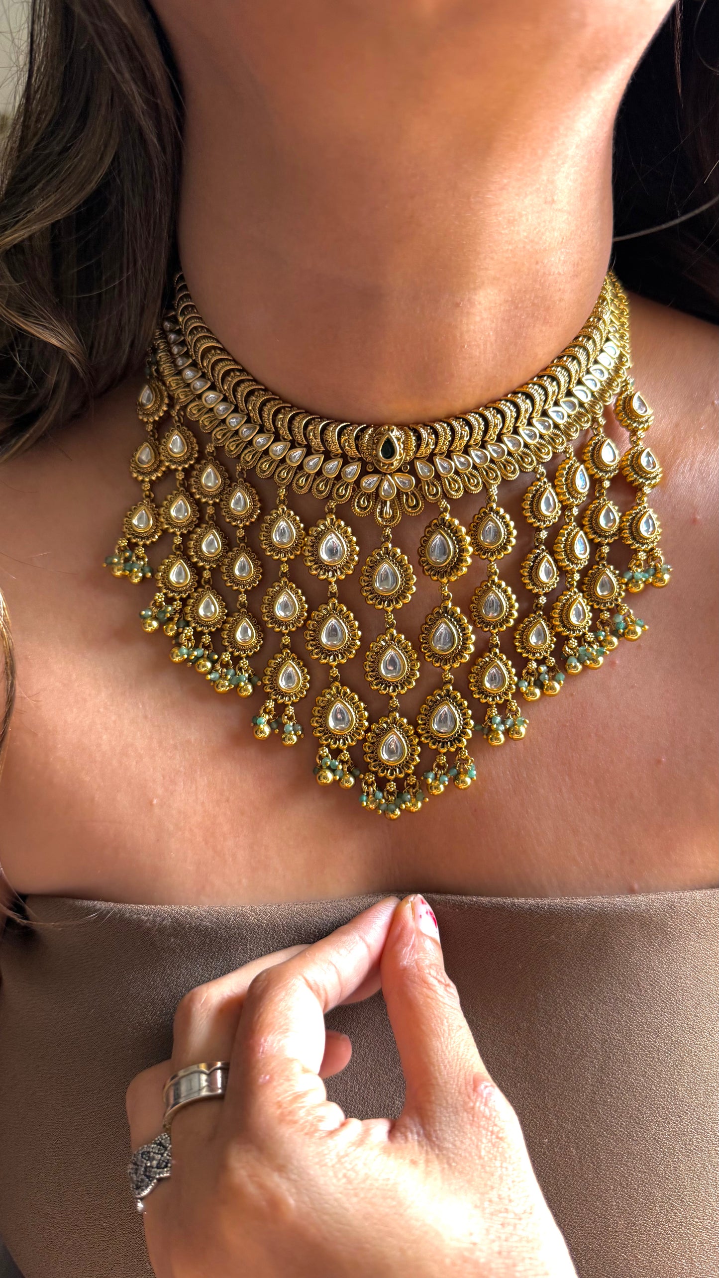 Peacock inspired polki waterfall necklace