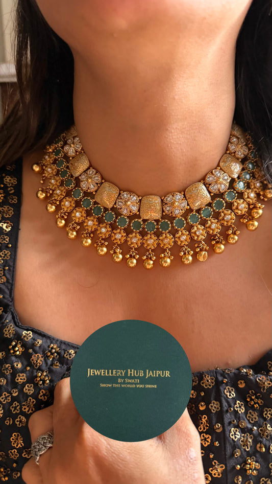 Heritage polki mint Meenakari necklace