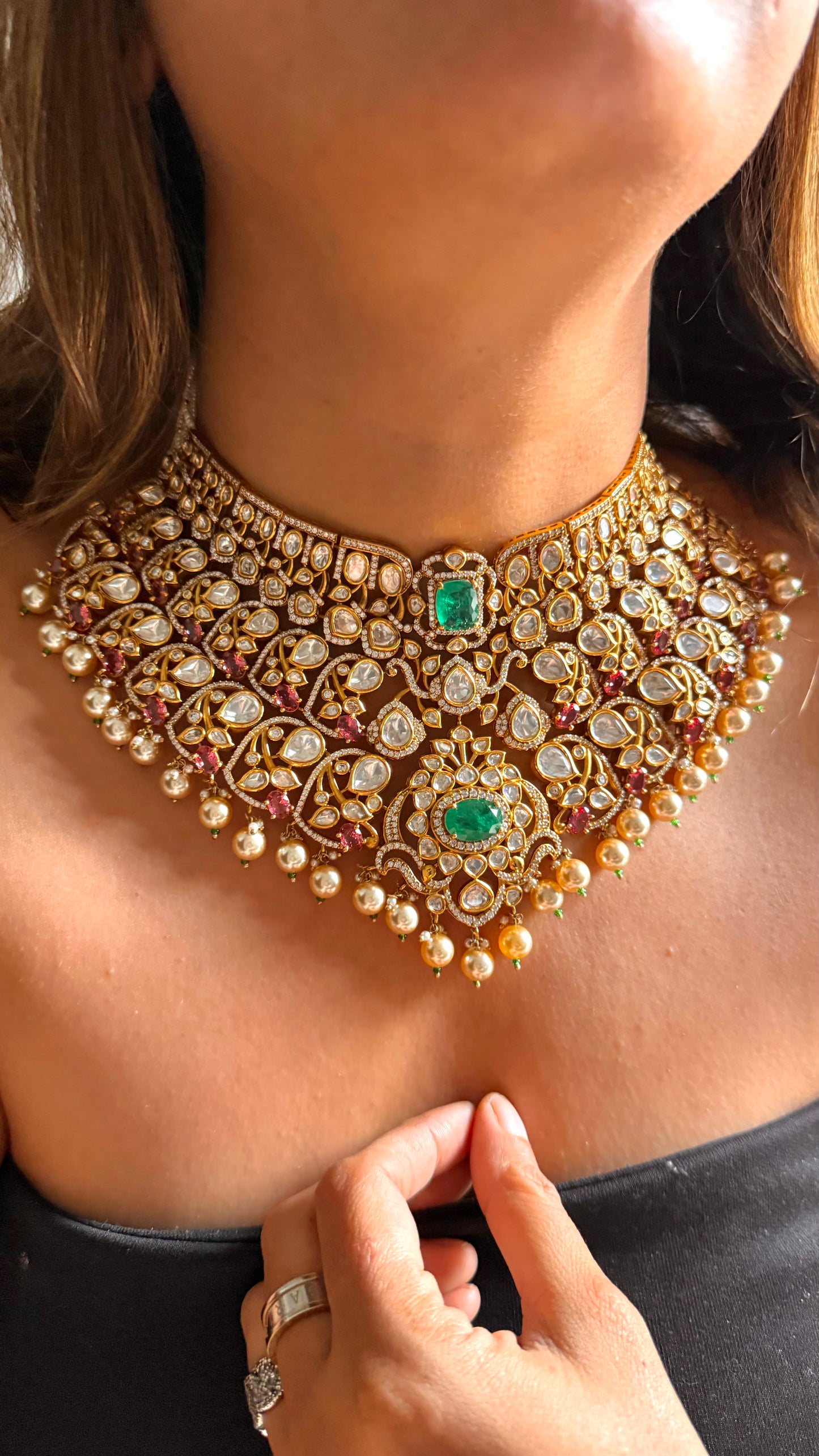 Rose Quartz & Emerald designer Polki Bridal Necklace