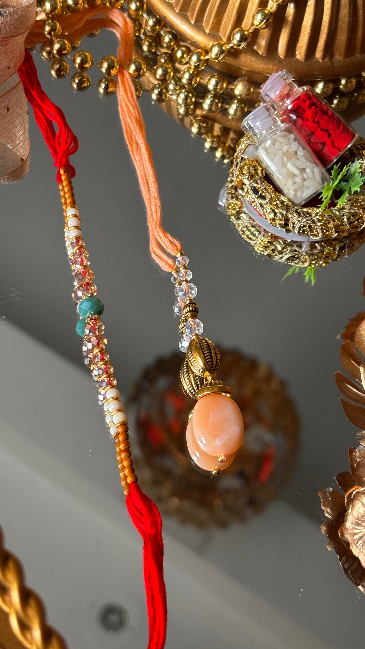 Bhaiya bhabhi lumba peach designer stone oxidised rakhi ( shipping will be extra )