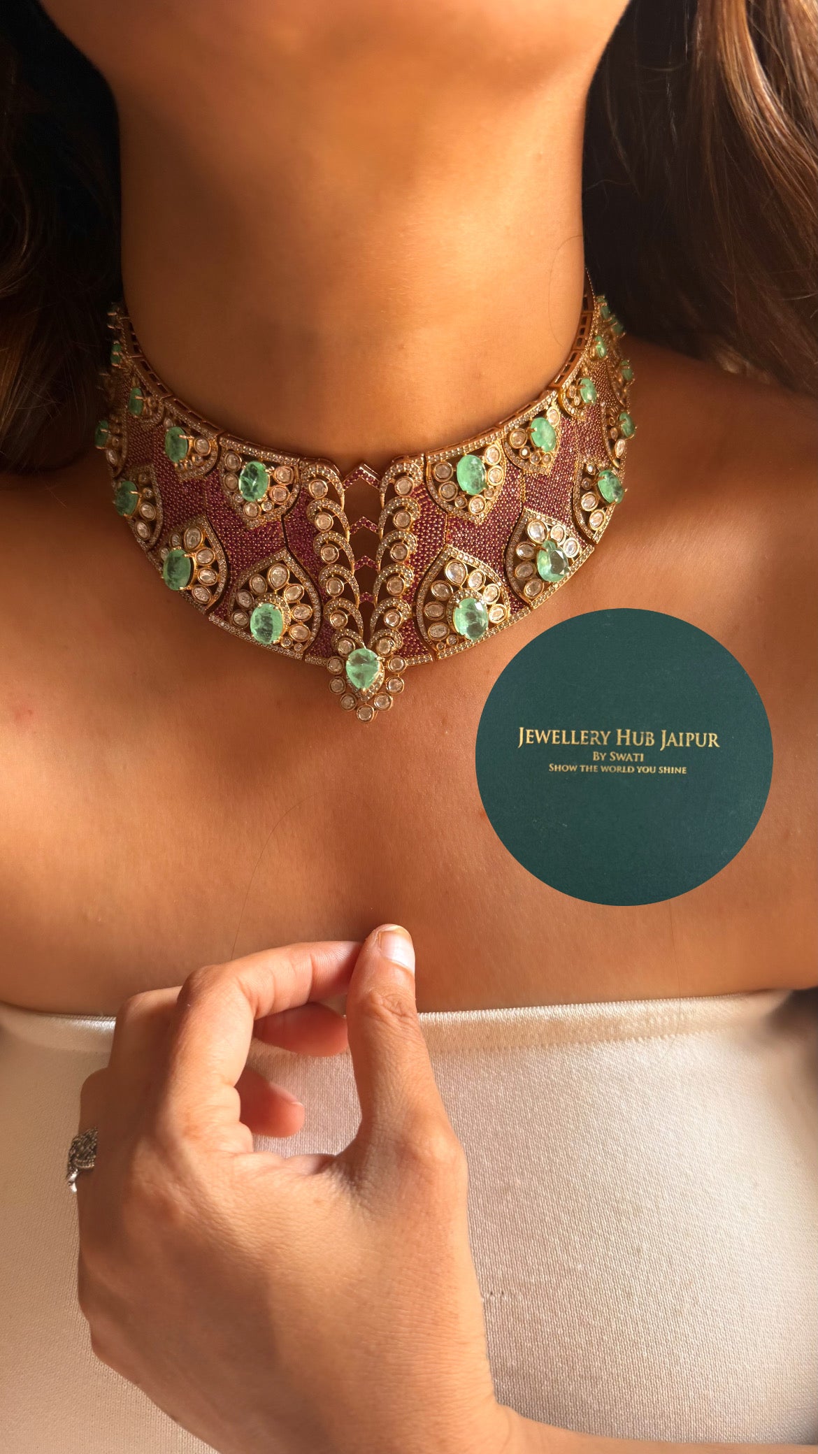Mint doublet & rani pink moissanite uncut polki choker set