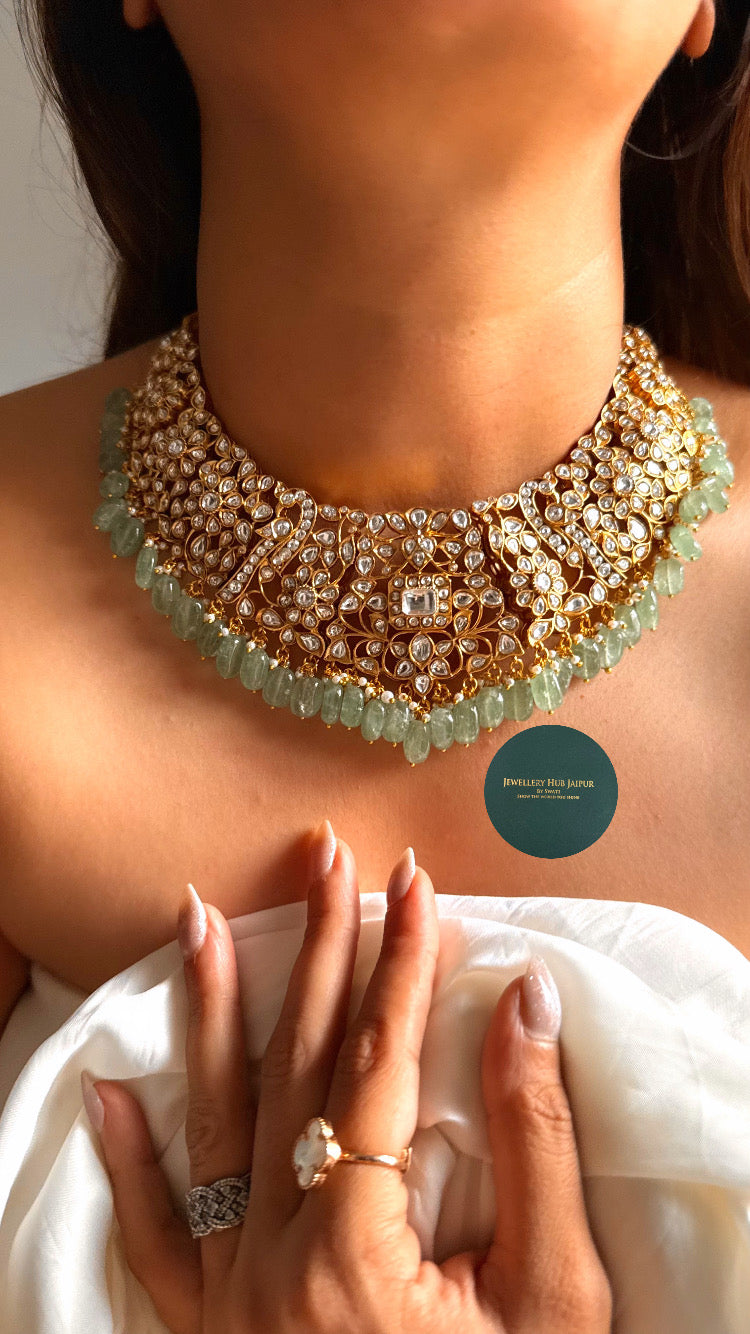 Heritage Moissanite floral with mint drop collar set