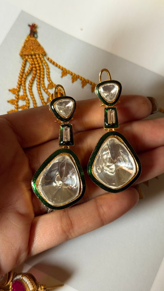 Emerald meenakari uncut polki earrings