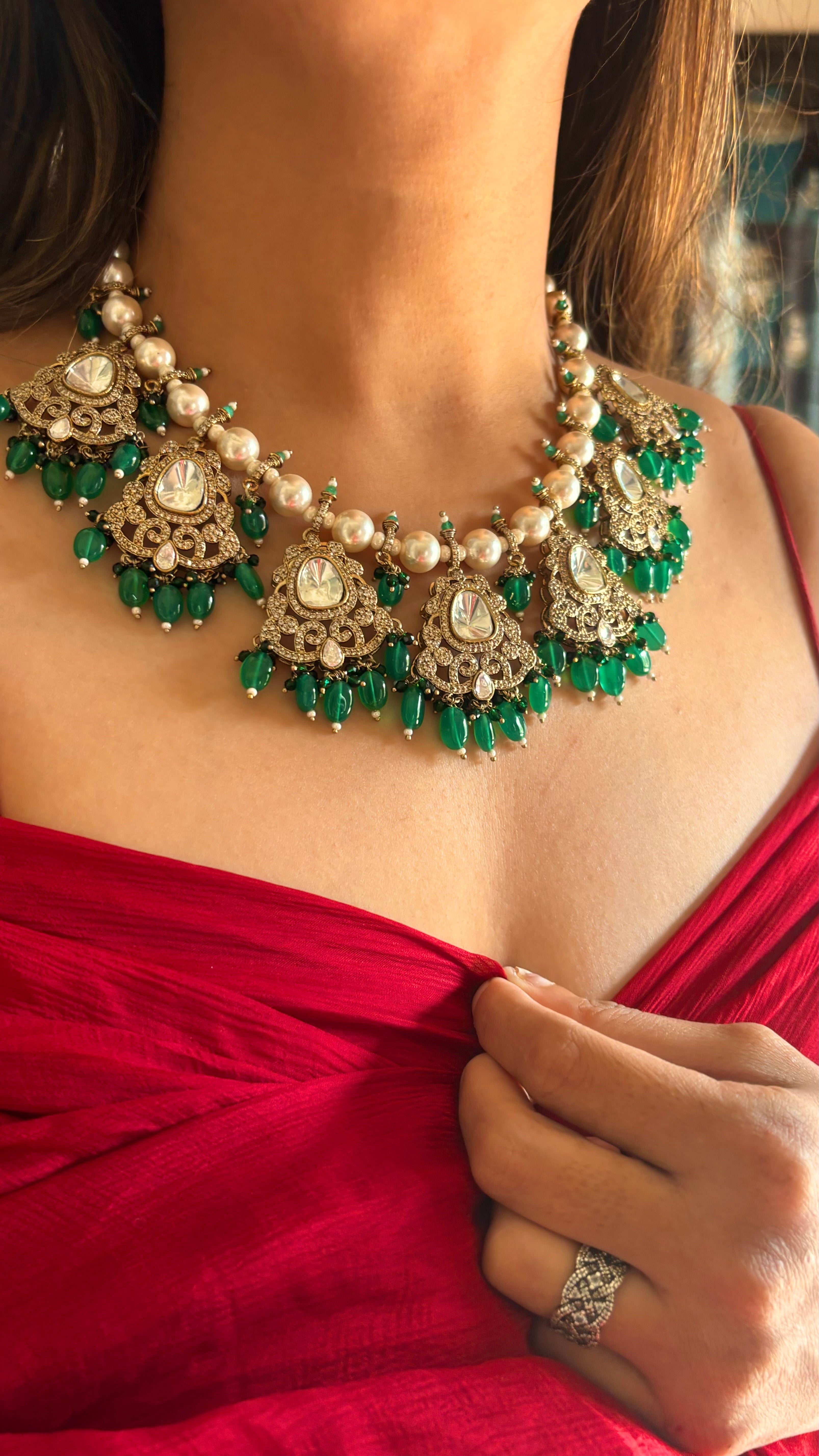 Emerald pearl victorian necklace