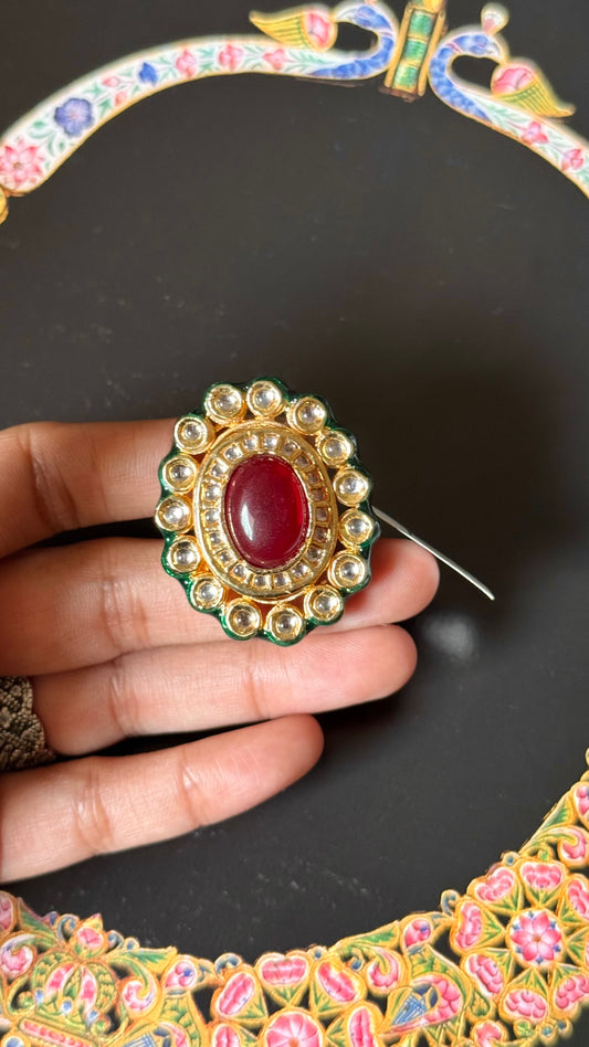 Ruby & meenakari paachi adjustable ring