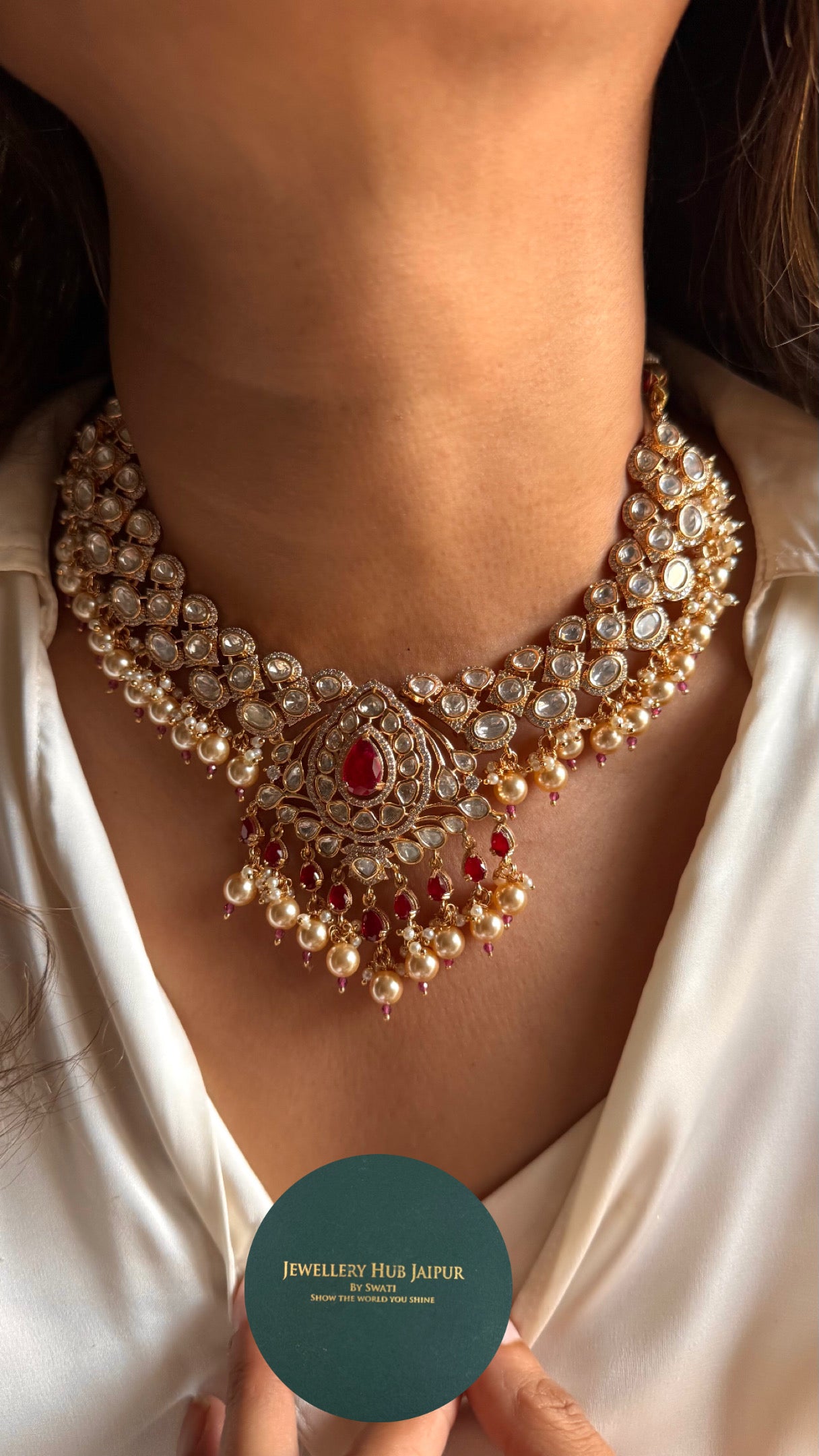 Ruby doublets & moissanite polki necklace with maangtika