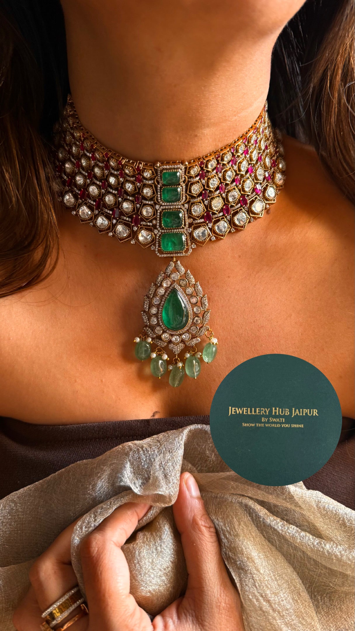Emerald doublet & Rani pink designer choker