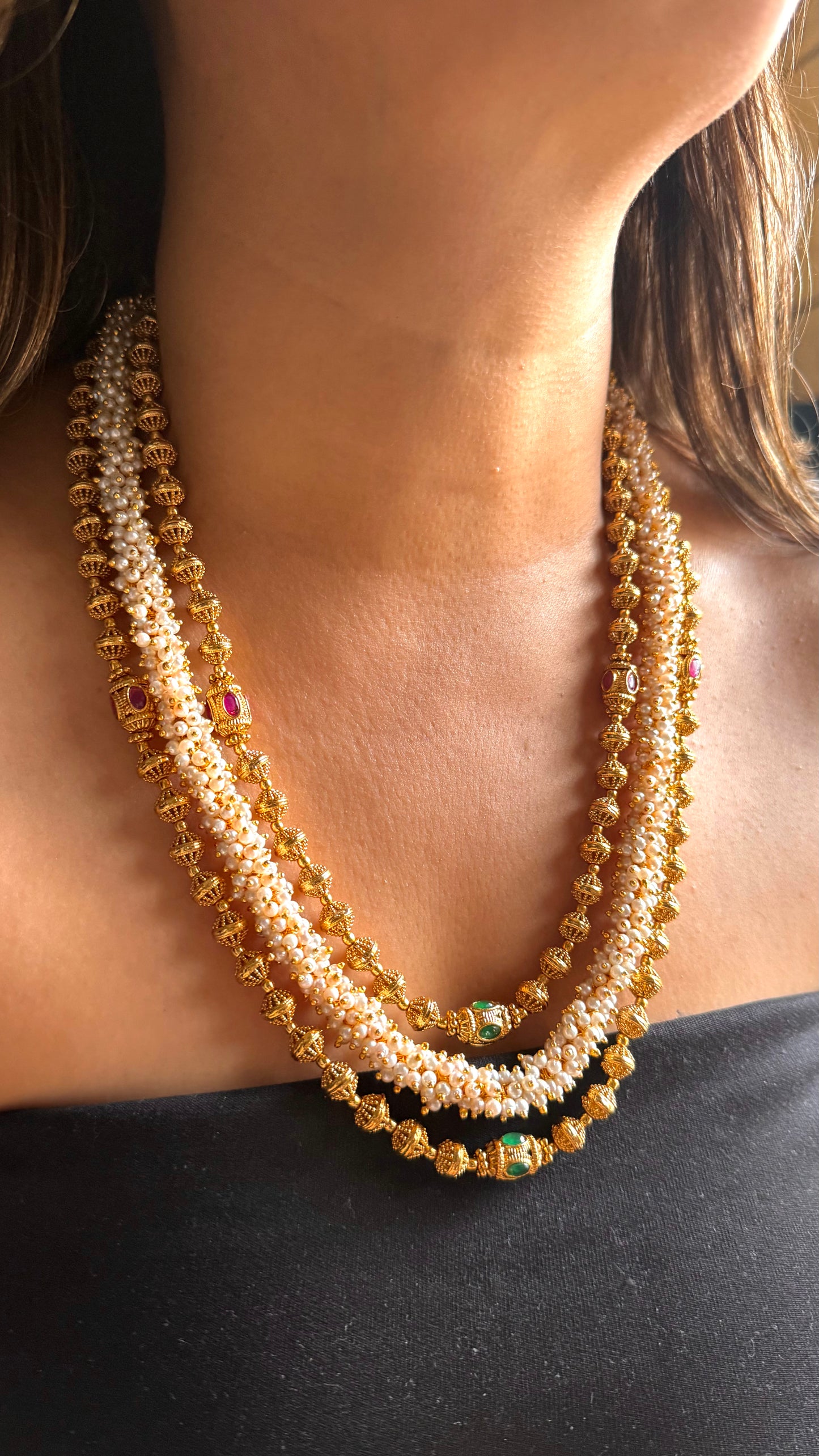 Heritage Gold balls & Mogra necklace in teiple line
