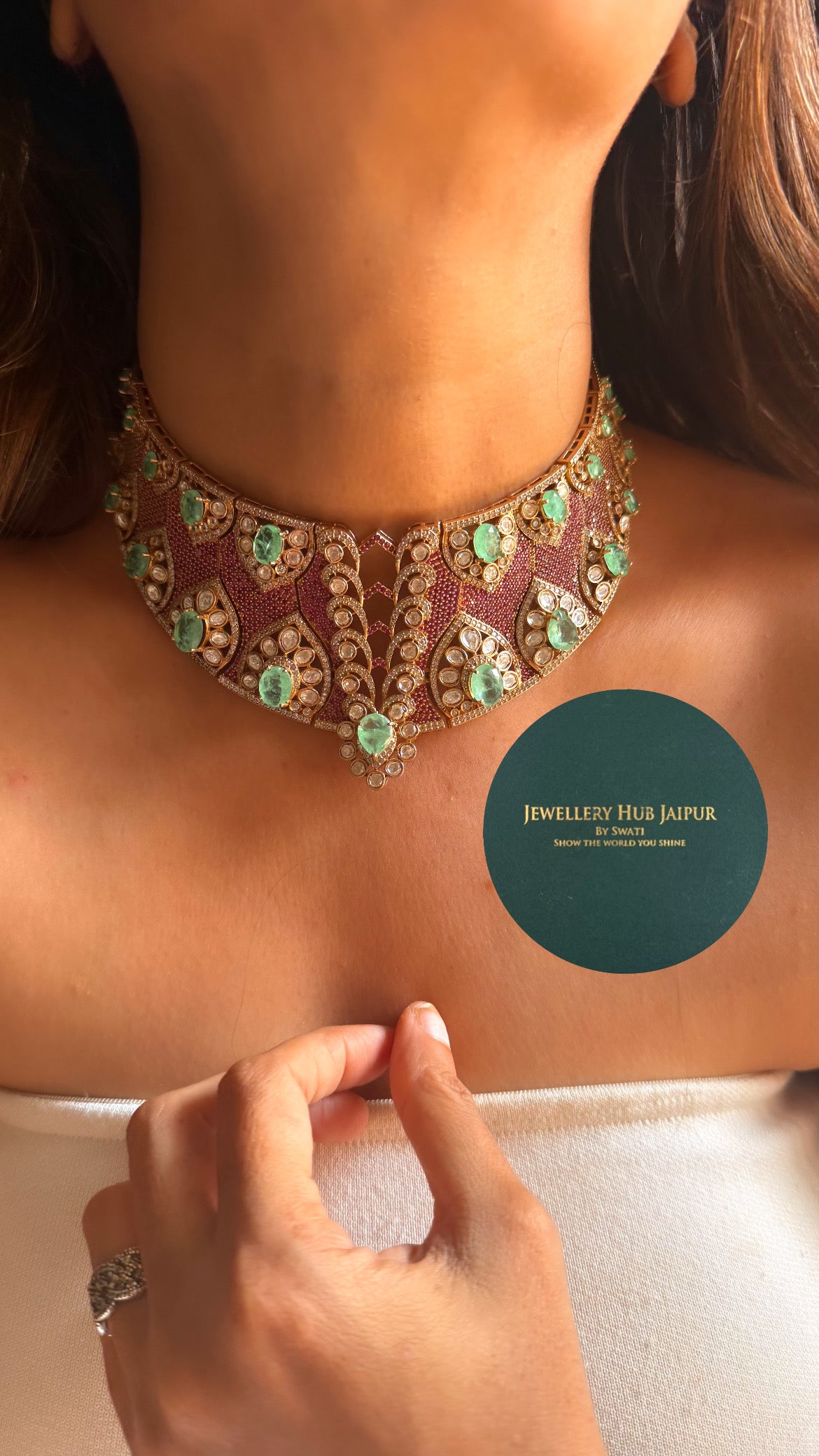Mint doublet & rani pink moissanite uncut polki choker set