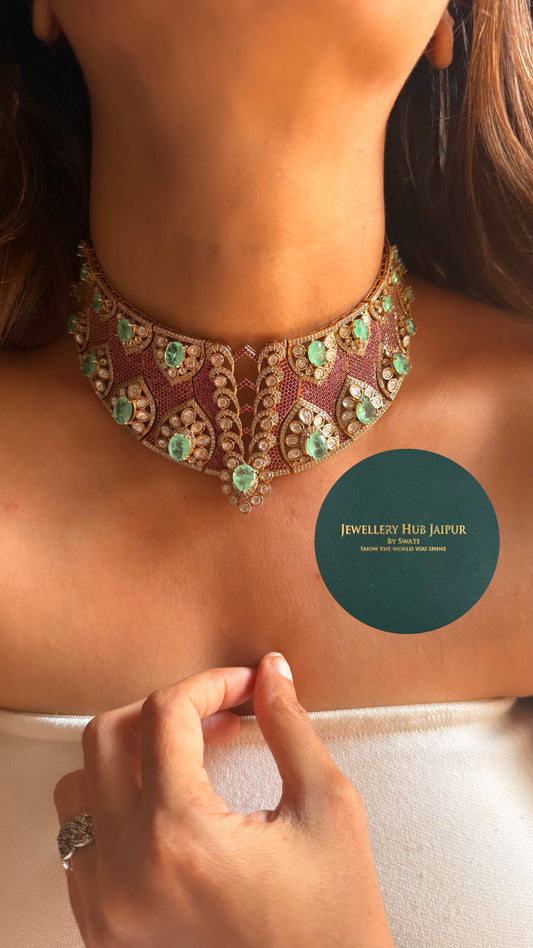 Mint doublet & rani pink moissanite uncut polki choker set