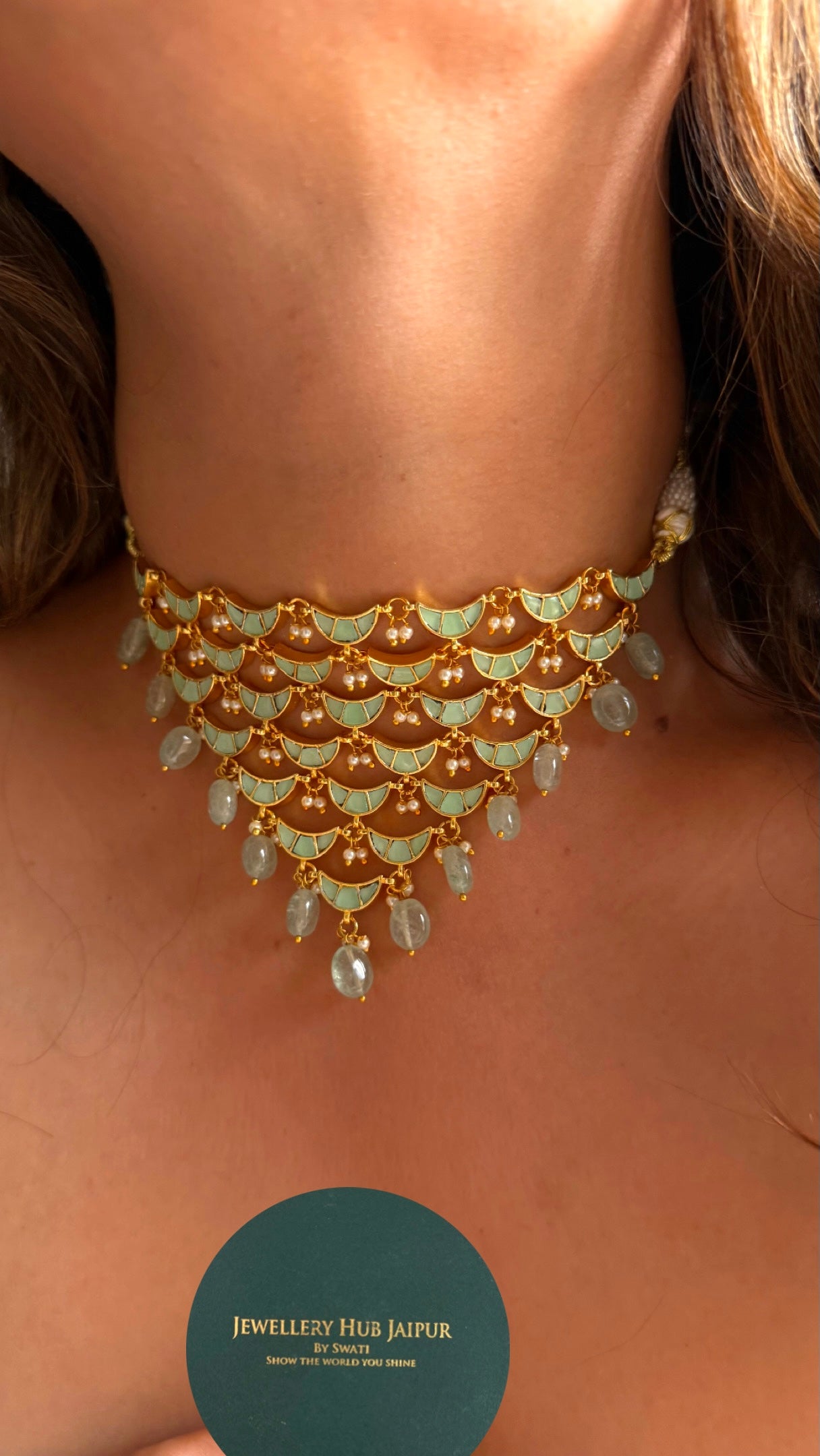 Designer mint half moon with strawberry drops choker Necklace