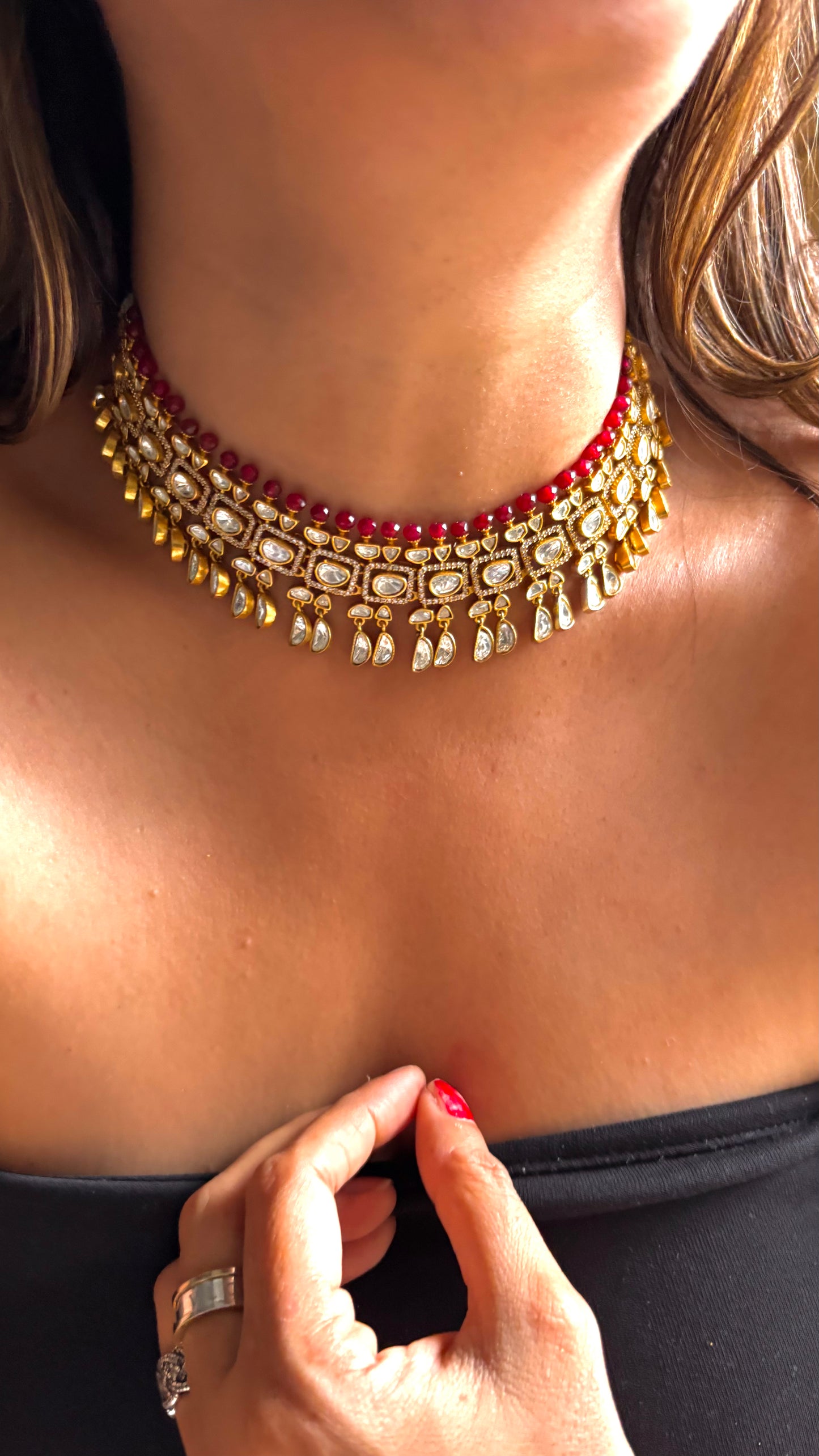 Ruby polki choker with polki drops