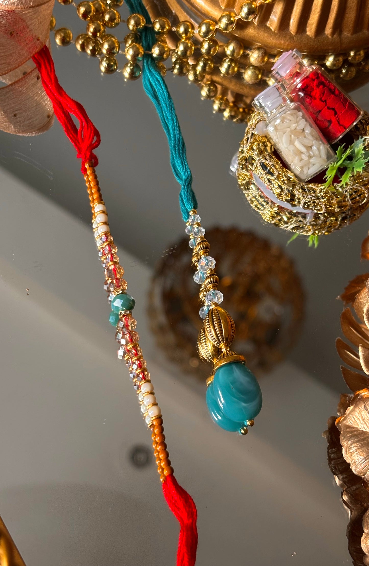 Bhaiya bhabhi lumba firoza designer stone oxidised rakhi ( shipping will be extra )