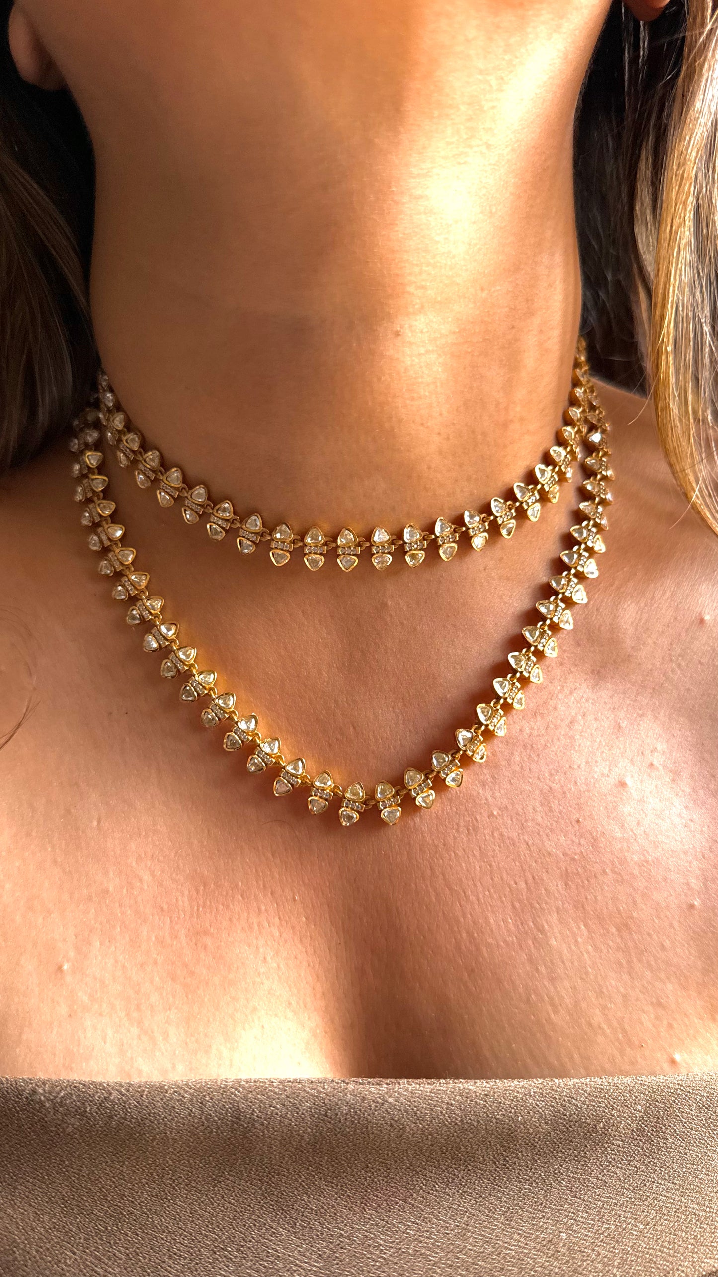 Real moissanite LV shade Polki dual line necklace set
