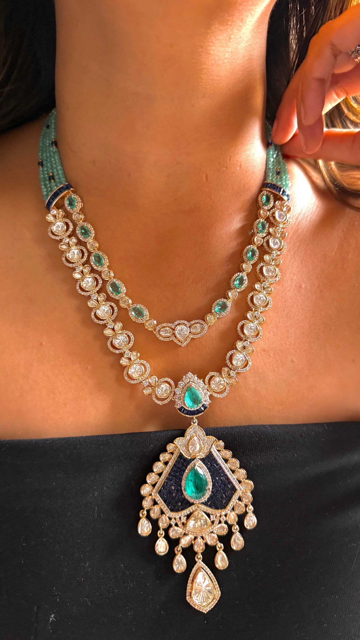 Mint and sapphire cocktail polki necklace