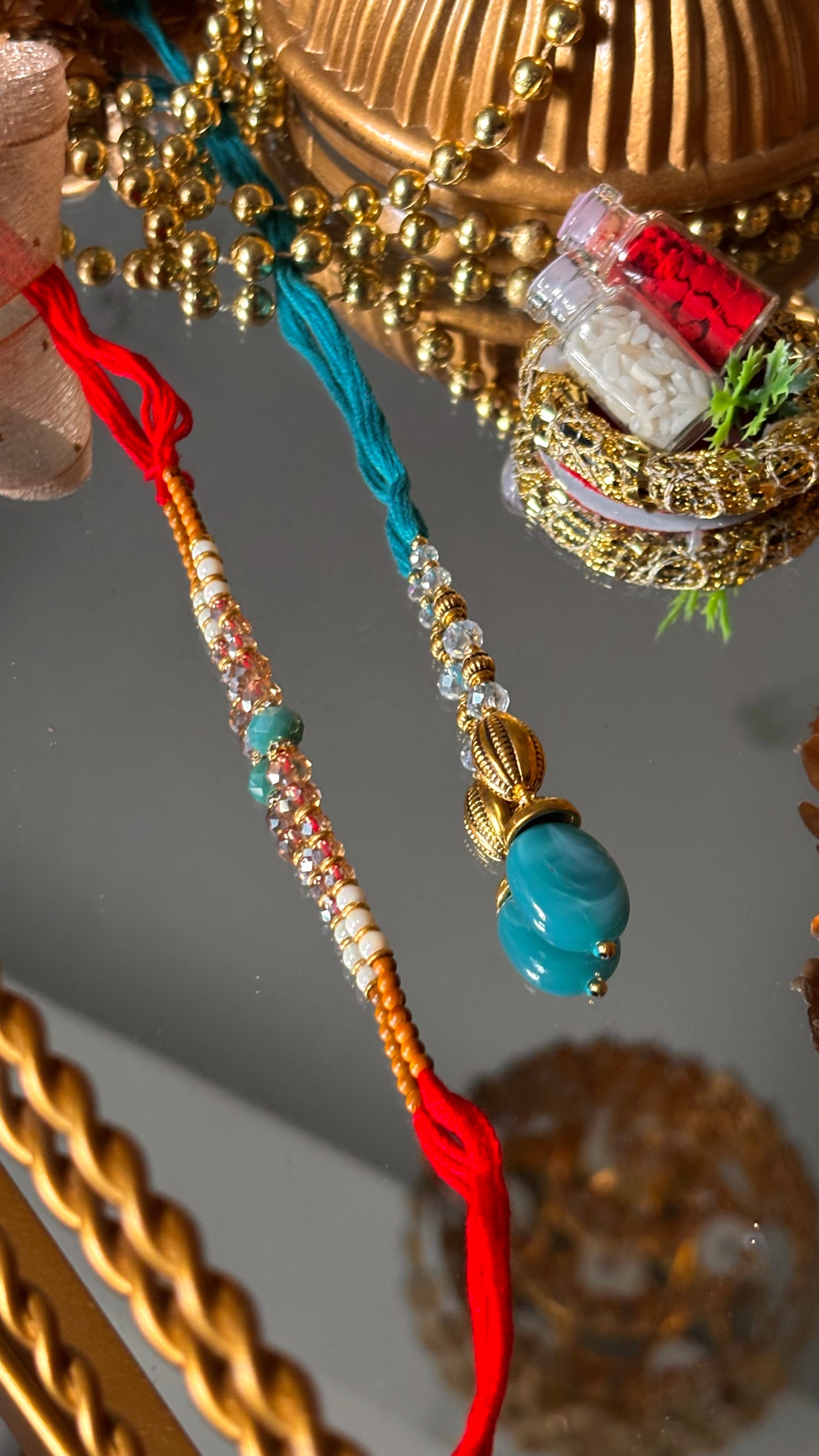 Bhaiya bhabhi lumba firoza designer stone oxidised rakhi ( shipping will be extra )