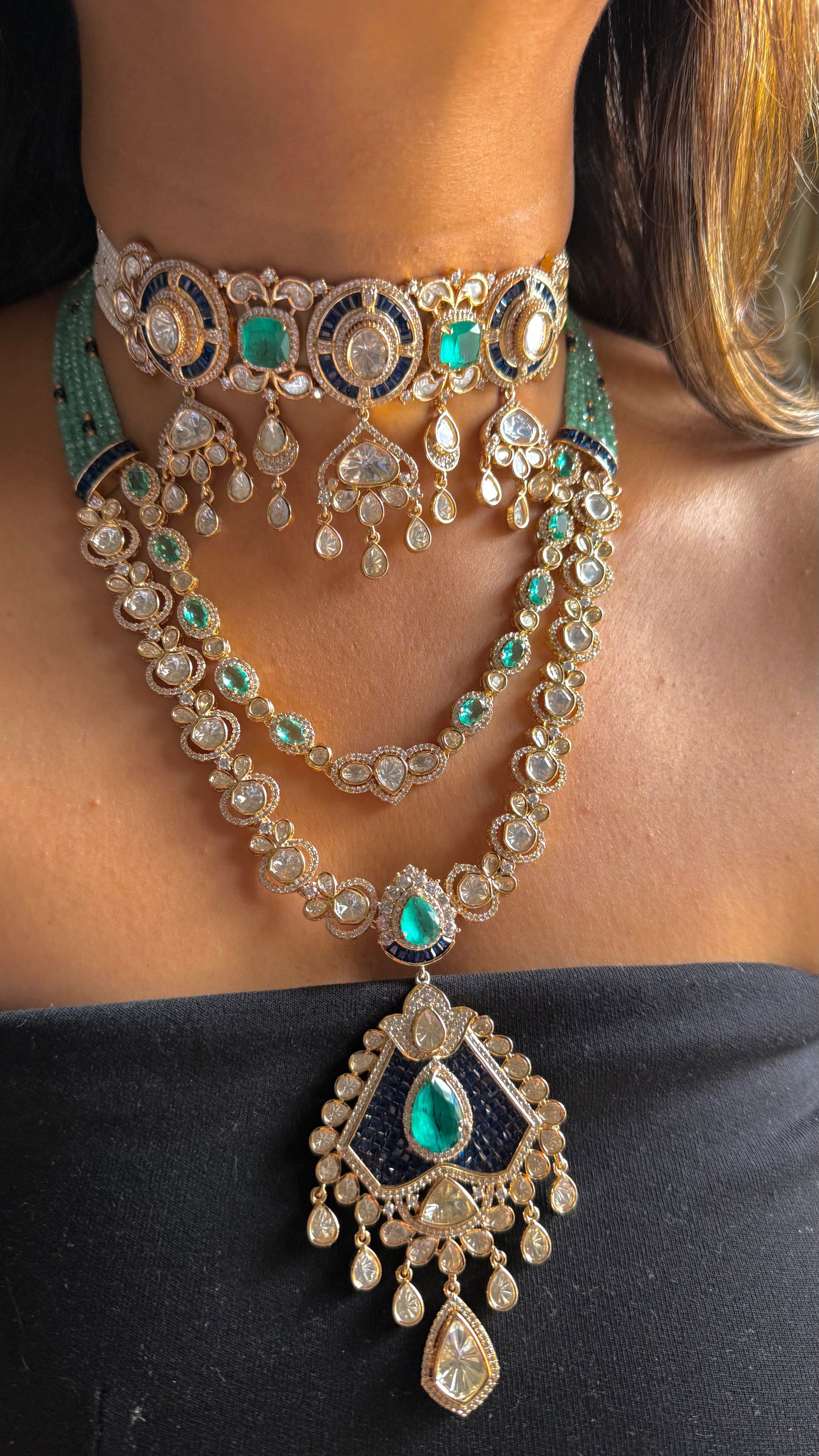 Emerald & sapphire designer necklace combo