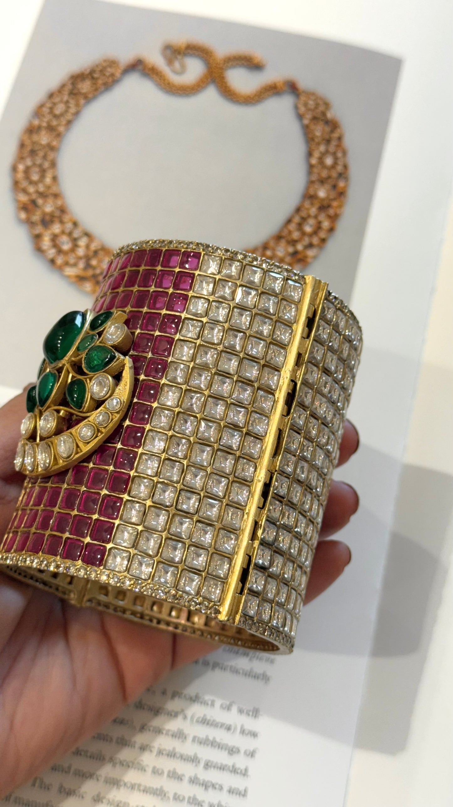Emerald & rani pink lotus and chaand designer kada