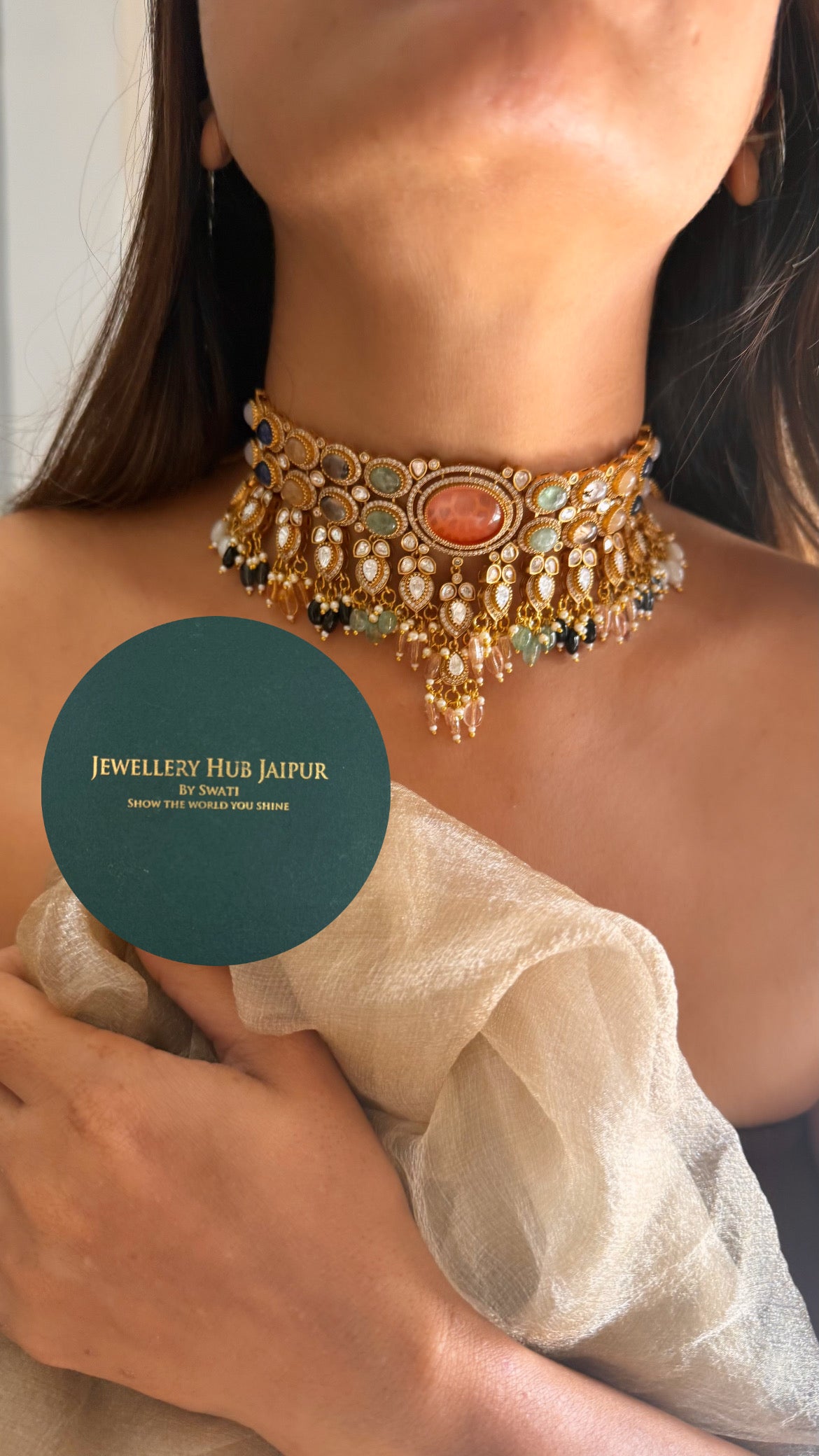 Tangerine doublet & navratna with multicoloured strawberries drop choker set