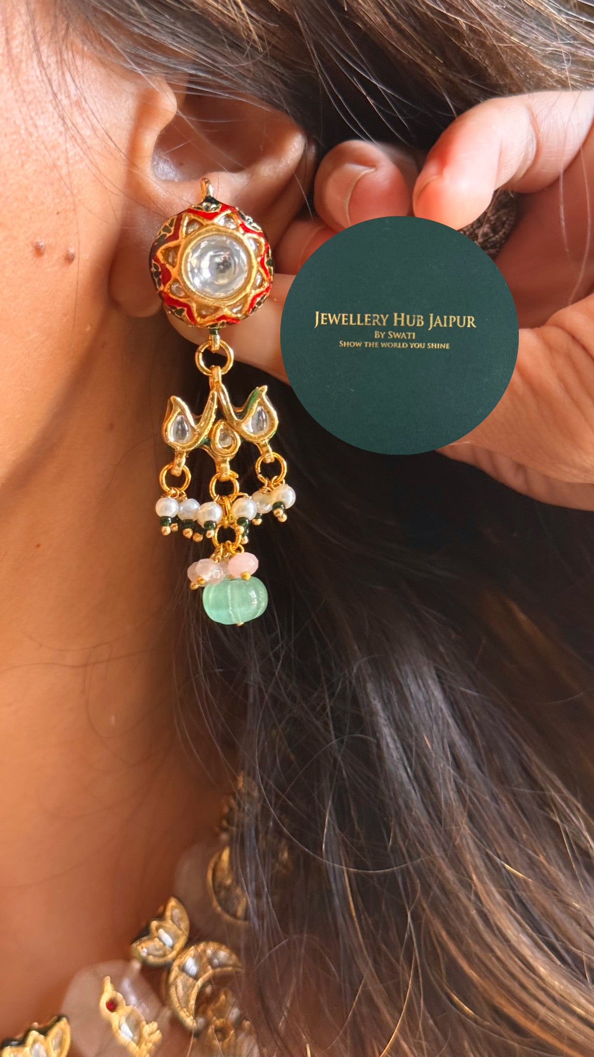 Rose quartz inlay work with mint drops & emerald meenakari paachi & ruby katdana collar set