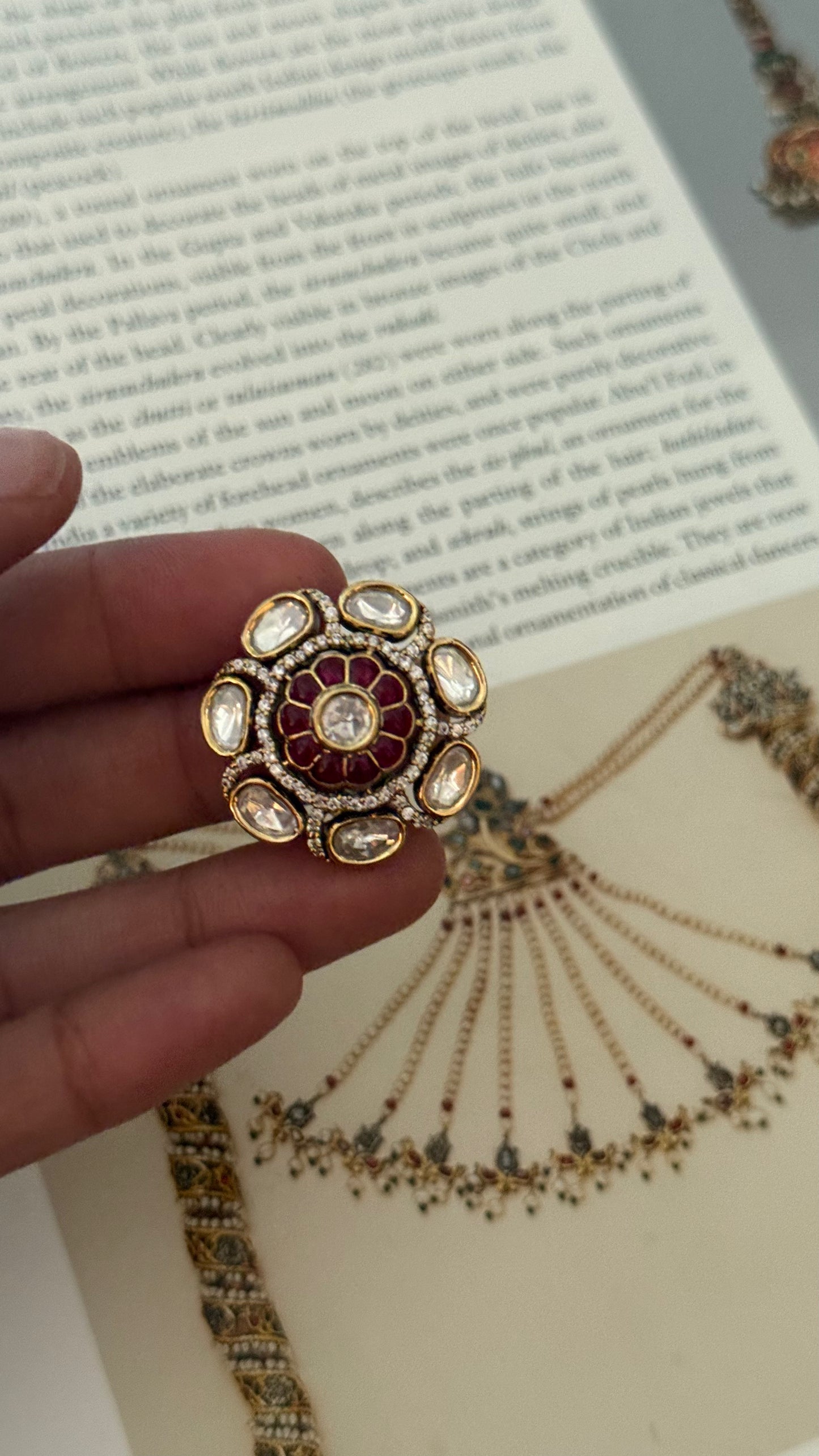 Ruby floral takkar work Moissanite Victorian ring