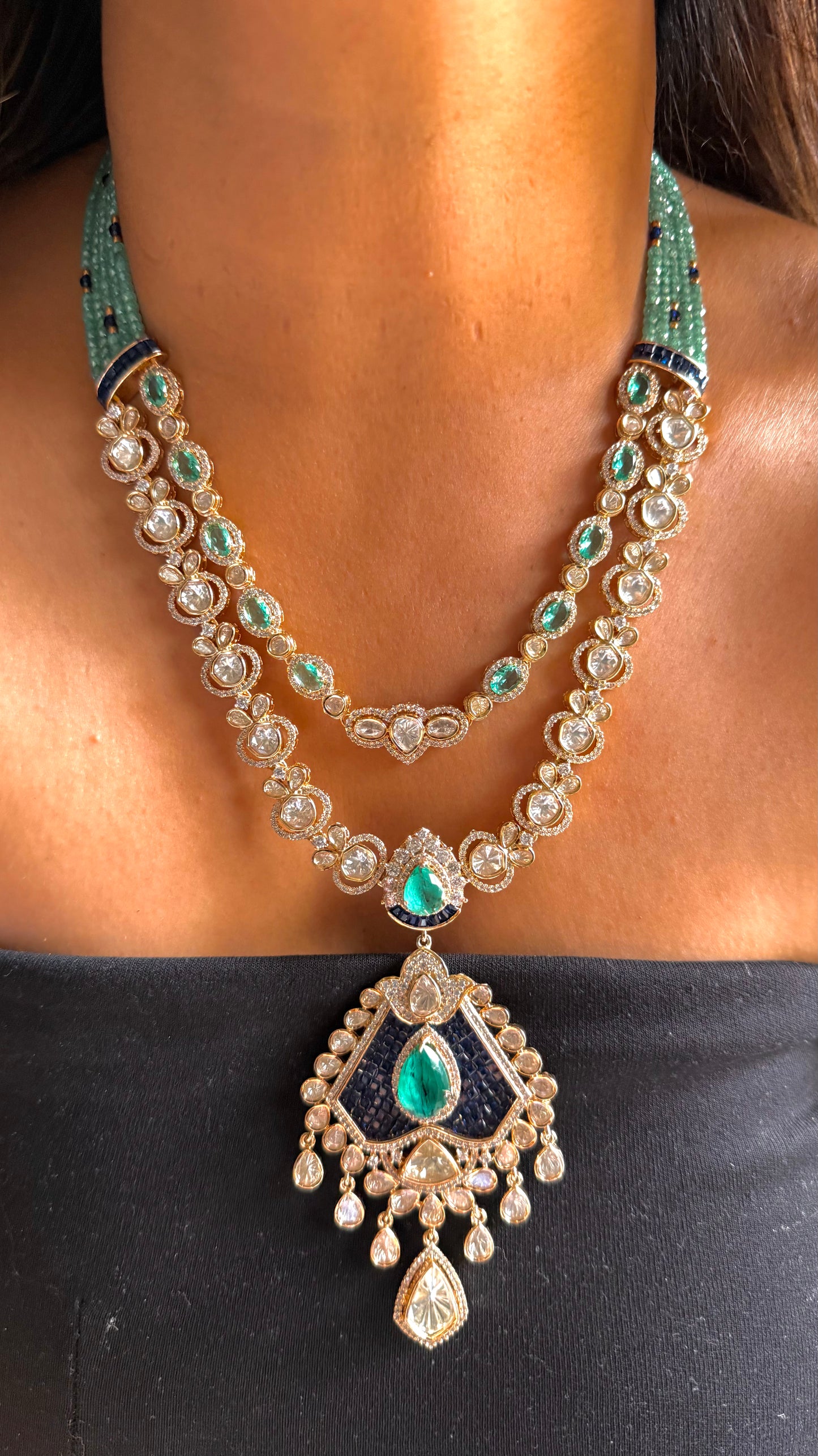 Mint and sapphire cocktail polki necklace