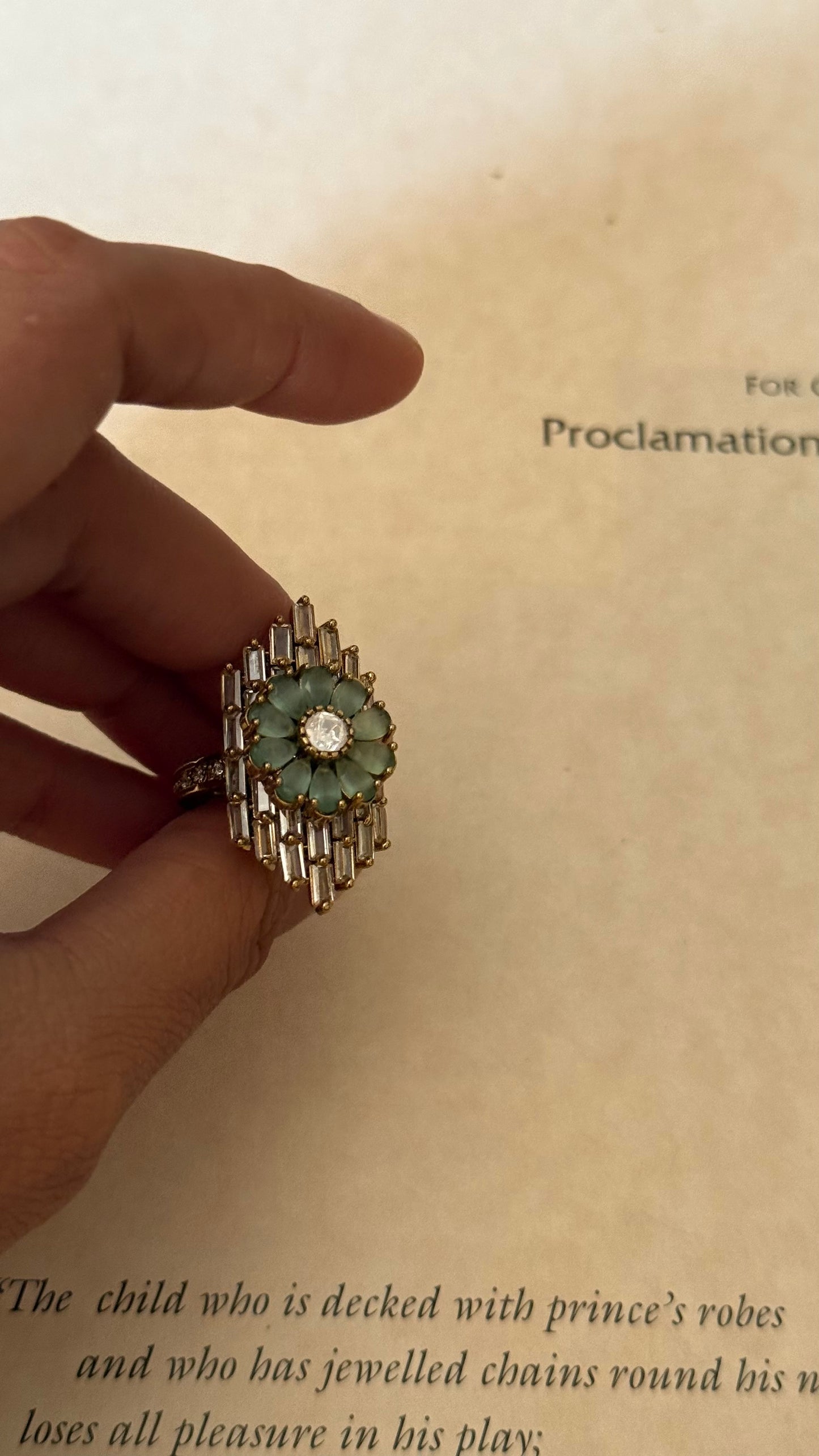 Mint floral designer cocktail adjustable ring