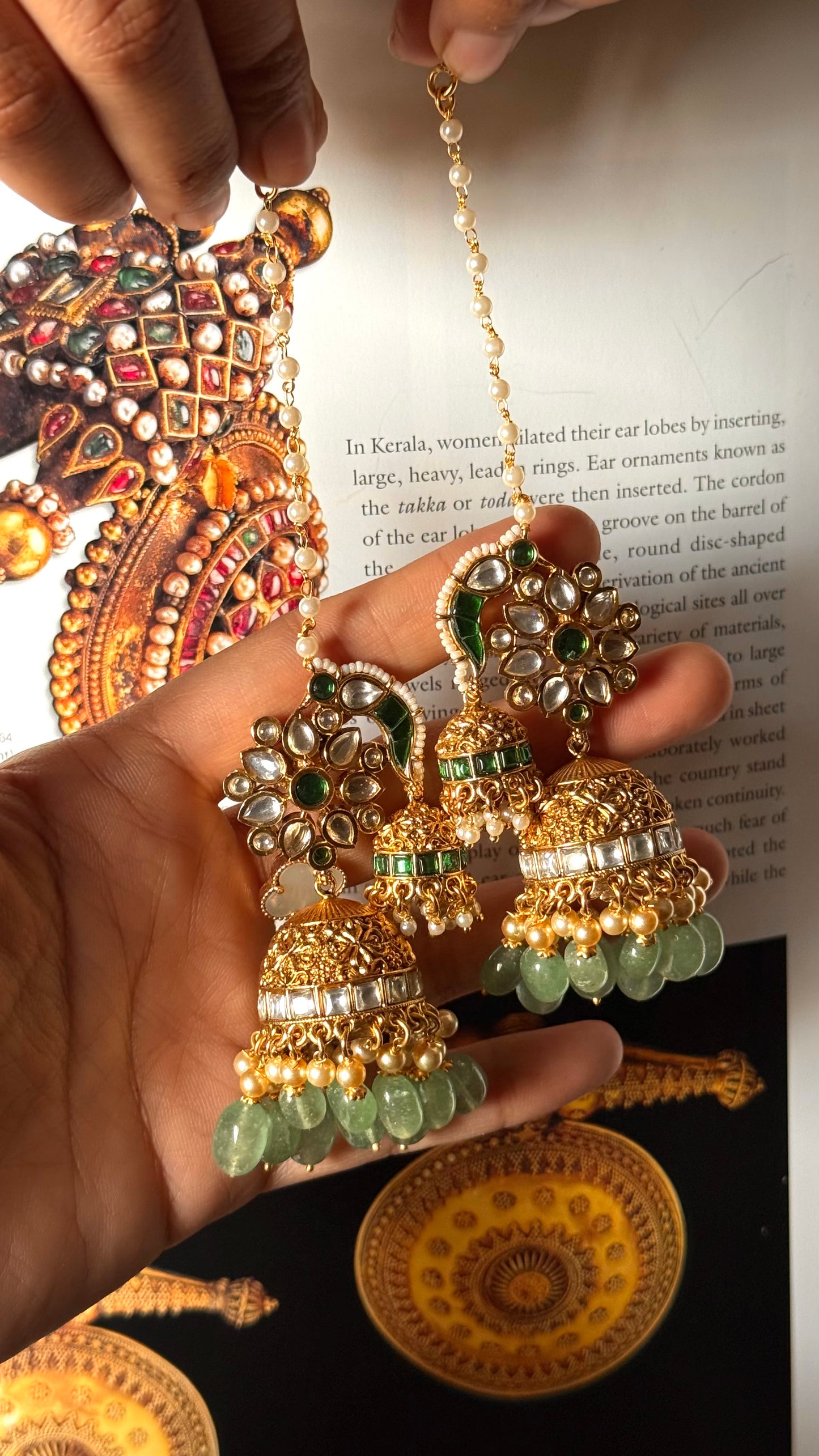 Emerald  & mint rajwada jhumki with ear chain