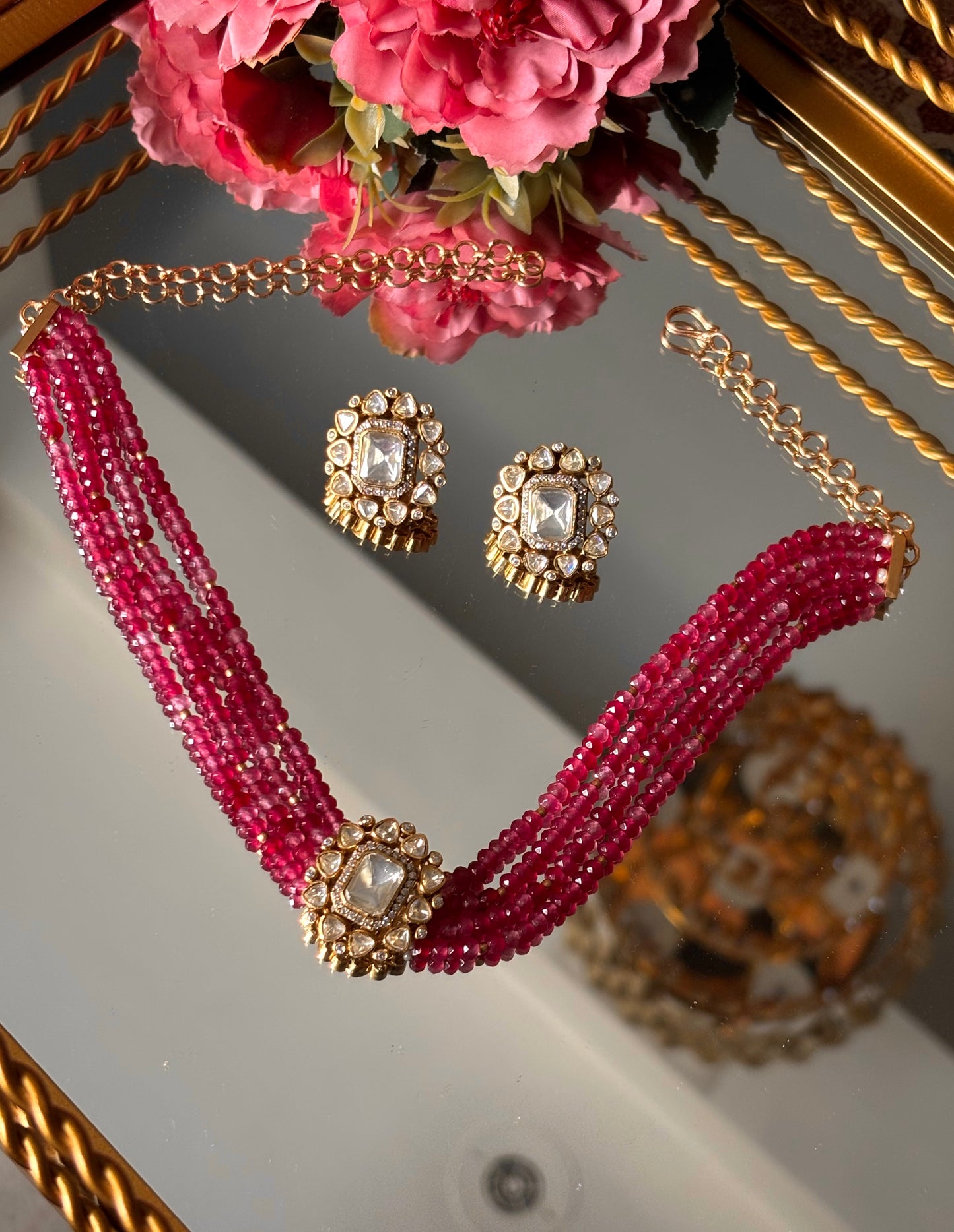 Lv peeli polki rani pink ruby pearl choker Necklace